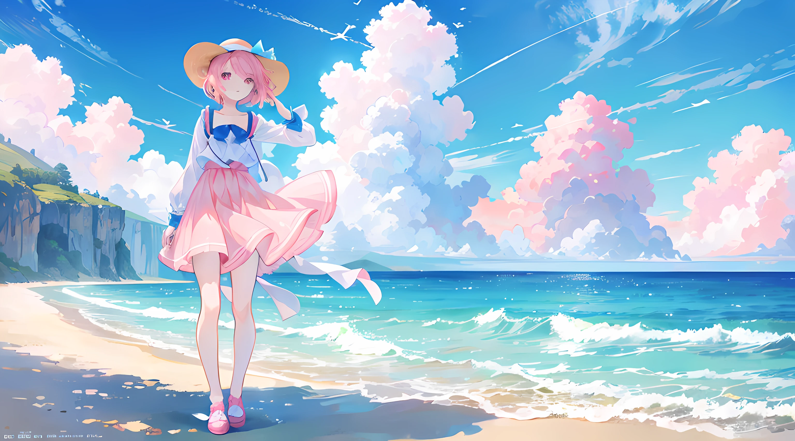 anime girl standing next to the ocean, beautiful blue sky, beautiful water, beautiful sunlight, (blowing wind), (1girl), short pink hair, pink eyes, long sleeves blue short dress, sun hat, pink shoes, beautiful anime artwork, ultrasharp, masterpiece, high res, 8k