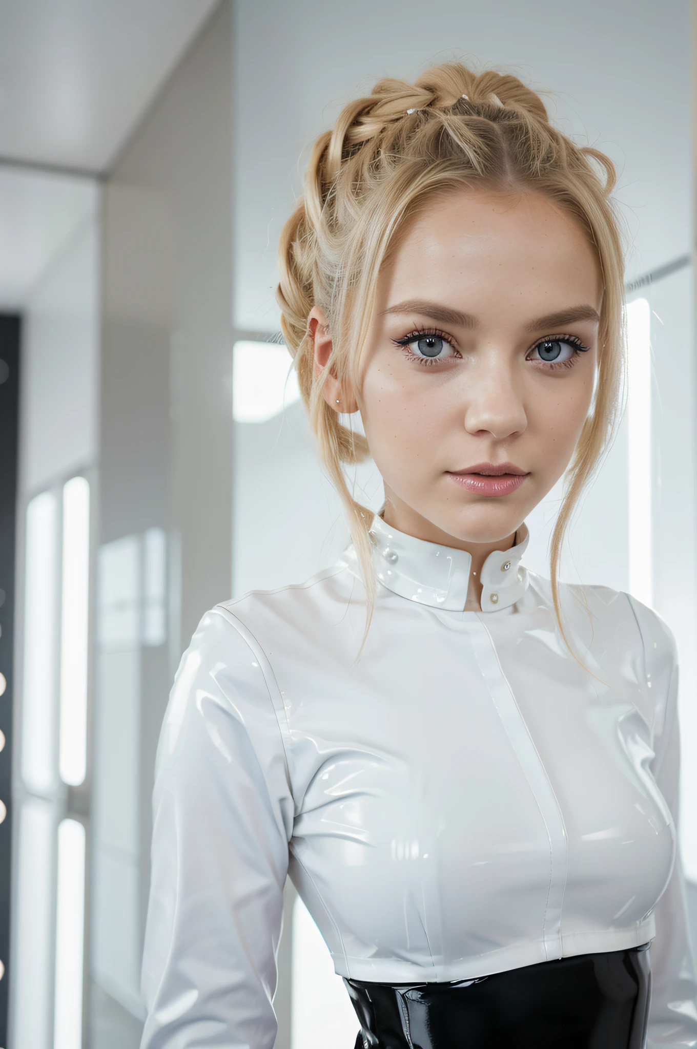 Two girls in white latex school uniforms、Strahlender Ausdruck、poneyTail、Junge, shiny, shiny, White, shinny skin、Beste Optik、Blondes reflektiertes Licht、Platinblondes Haar、Shiny, helles haar,、Super langes, seidiges, glattes Haar、Beautiful pony, dder shines、Leuchtende, attractive big blue eyes、Very beautiful young cute 16 year old girl、voluptuous bust size, schlank, detailliert, 4K分辨率.