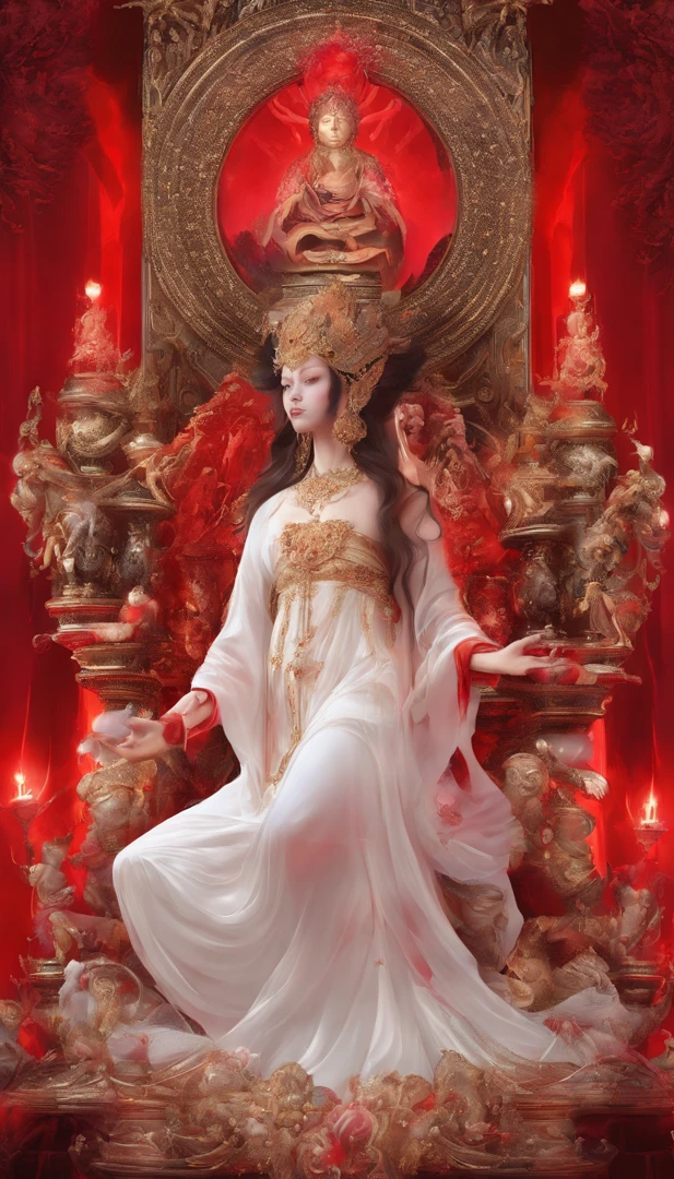 Blood red room, Flashing white TV screen, BUDDHA STATUE, cabelos preto e longos, with hair dishevelled, Cover one eye and face, Bright red eyes, Wearing a white transparent robe, Looming full breasts,liquor,Devil, reaching out her hands,Straighten your body, Red nails are exposed, Pinch the camera, hyper HD, Anatomically correct, Textured skin, Super detail, High details, High quality, A high resolution, 8K, hyper HD, Anatomically correct, Textured skin, Super detail, High details, High quality, Best quality, 8K,Leishnampo,Room 2,Horror