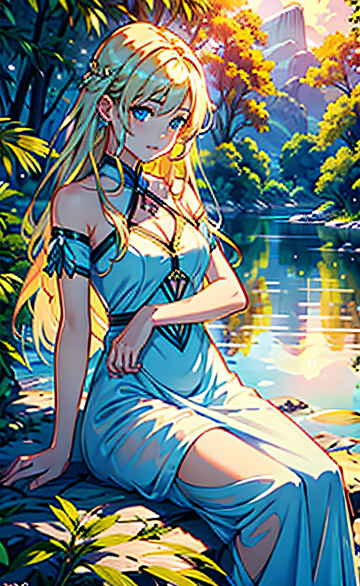 1 girl in、serene expressions、mesmerizing eyes、Blonde long hair、Blue eyes、A flowing dress、calm posture、Porcelain skin、Crystal Pendant BREAK Golden Hour、(Rim Lighting):1.2、Warm tones、Solar flares、Soft shadows、vivd colour、Pictorial effects、Dreamy atmosphere BREAK Scenic lake、mountain in the distance々、willow trees、calm water、Reflectors、sunlit clouds、peaceful ambiance、idyllic sunset、ultra-detailliert、Official Art、unity 8k wall paper、Zentangle、a Mandala