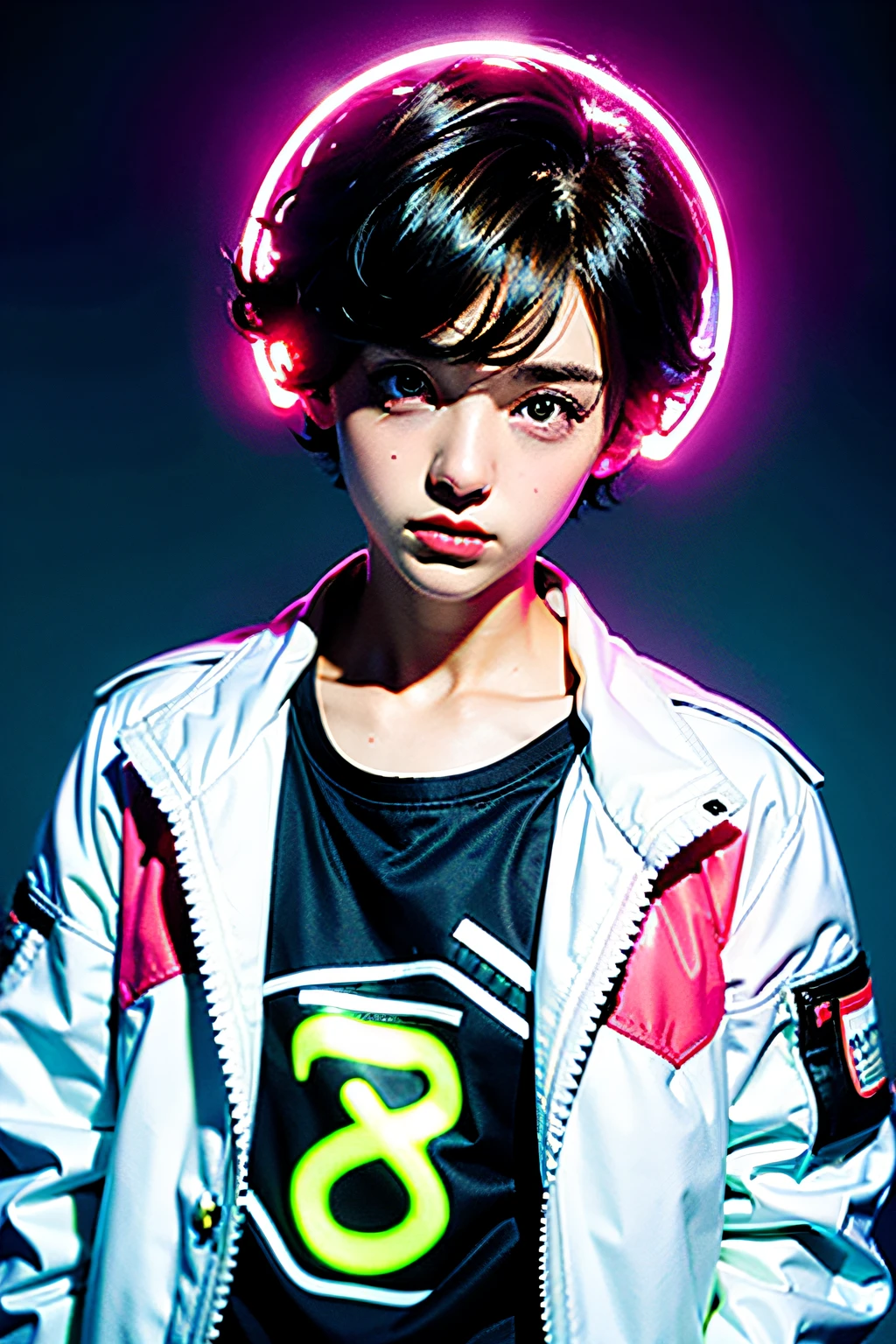 Boy, teenager, brunette, Curly short hair, White jacket with neon details, cartoon, Anime、Shorthair