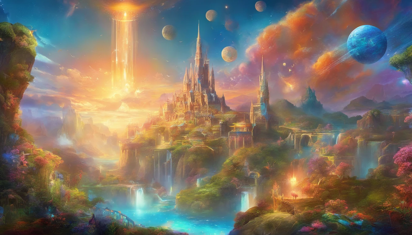 varias almas sendo arrebatadas por Deus, Sky with vibrant colors, varias almas sendo arrebatadas por Deus, Uma imagem linda. VARIAS ALMAS, utopian world, grandes cores brilhantes, luxuosas, altamente detalhado, hdr, perfeito, flawless world, reflective surfaces, Subsurface dispersion, Beyond imagination, 8K, global ilumination, grande angular, raios divinos, mundo dos sonhos