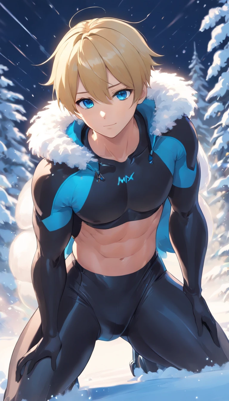 1 male human、a blond、Huge ass、black rubber suit、Blue eyes、Large, thick thighs、short-haired、wide hips、musculature、Snow blizzard、erectionpenis、Mokkori、Russian、A sexy