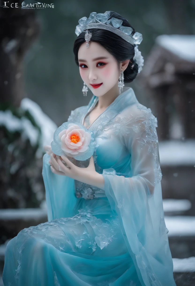 (ice - carving:1.4),Movie Angle,(Cute ice sculpture girl,Anatomically correct,full bodyesbian,Masterpiece ice sculpture camellia,Representative work Hanfu,Smile)