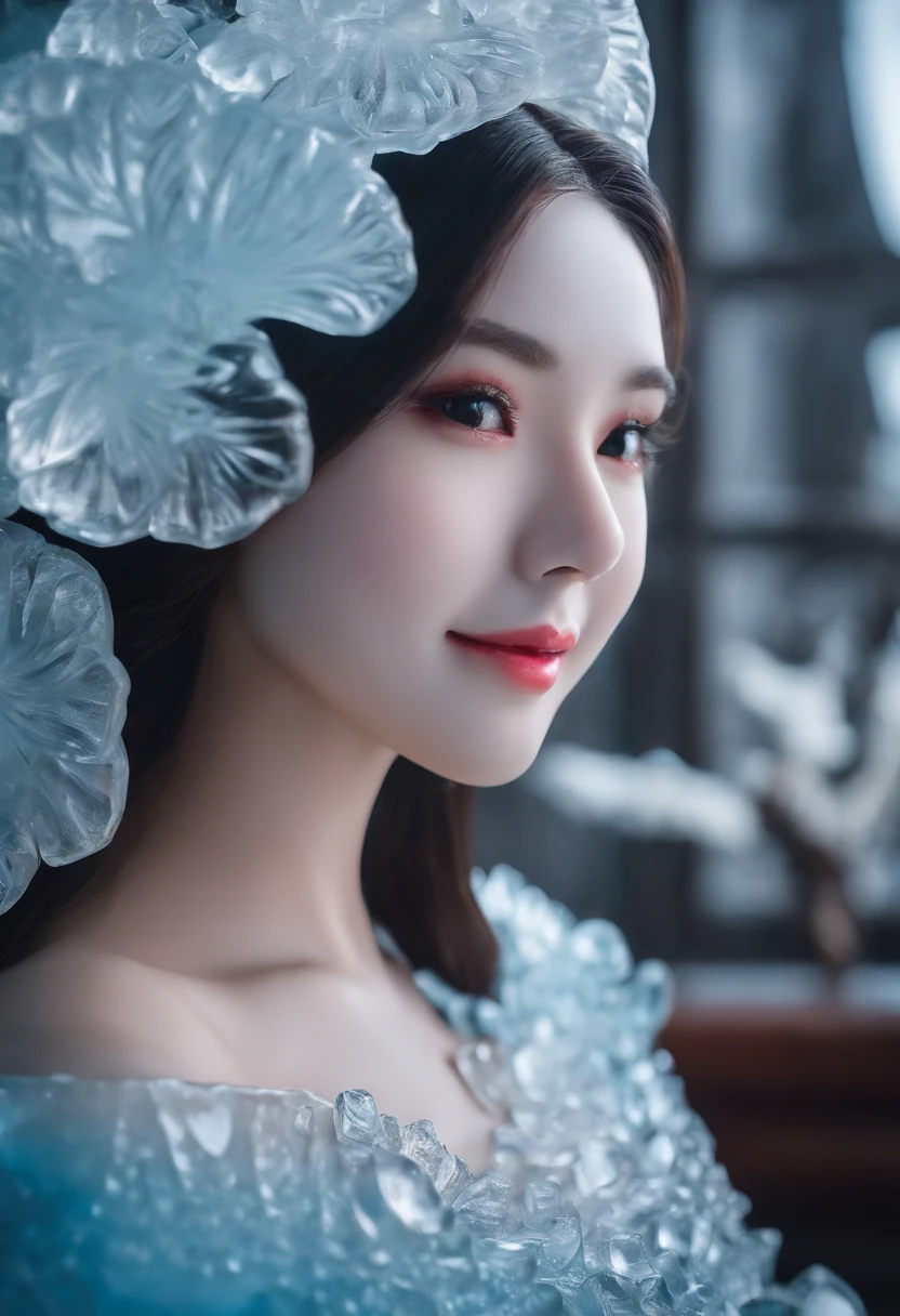 (ice - carving:1.4),Movie Angle,(Cute ice sculpture girl,Anatomically correct,full bodyesbian,Masterpiece ice sculpture camellia,Representative work Hanfu,Smile)