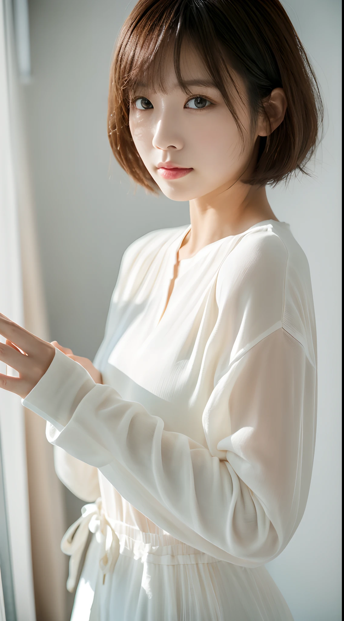 (((simple configuration)))、(((The background is a white wall:1.2)))、one girl、perfect anatomy、painterly、sketch、very delicate、wall with cloud-like pattern、、Floral、delicate depiction、abstract、Bright colors overall、Gentle color、Taisho romance、(masterpiece、highest quality、highest quality、official art、beautiful beautiful:1.2)、