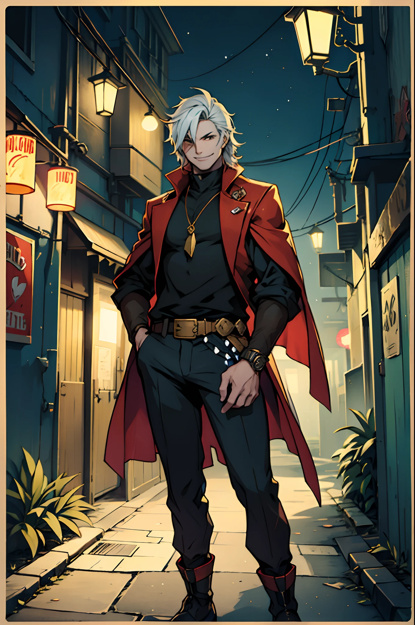 A gambler,Fantasy game style,Dice in hand,A bad smile,In the background is an alley,night