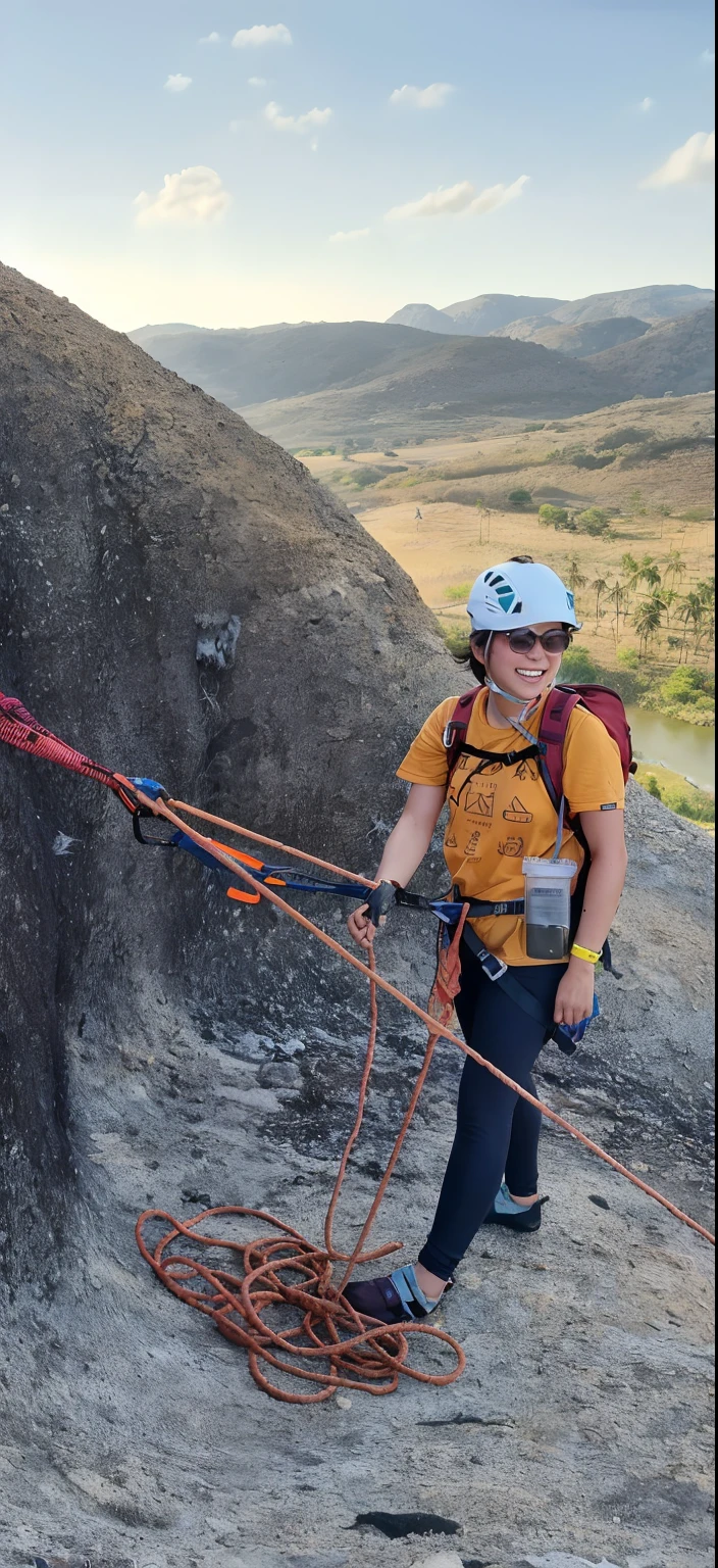 Mulher asiatica em uma escalada de rocha com uma corda, usando equipamento de aventura, subindo um penhasco, usando equipamento de aventura, Escalada, Belas vistas, Fotografia tirada em 2 0 2 0, View from the top, close up tiro de cima, com montanhas como pano de fundo, assumindo o controle enquanto sorri, Caroline Gariba, retrato vertical, estilo estudio Ghibli
