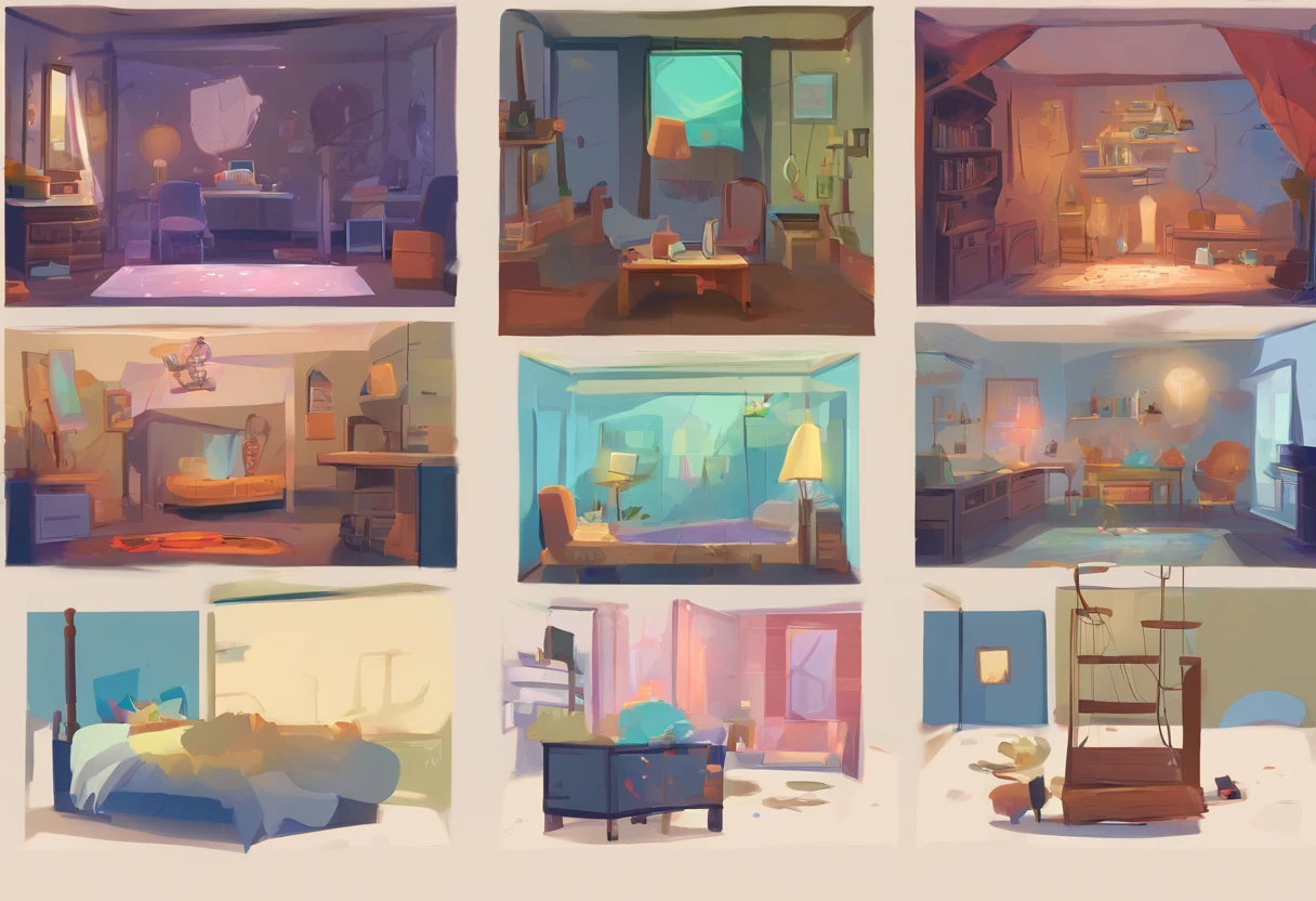 （Pixar style),Cozy small room model, Miniature character models, Light source from right to left, Rum Blanc lighting, Light source from right to left, (iso-distance view), (top down), Realistic proportions, Post-processing, ((Orthogonal perspective)), Super detail, Realistic, Super realistic, photoreal render, Irridescent color, glitters