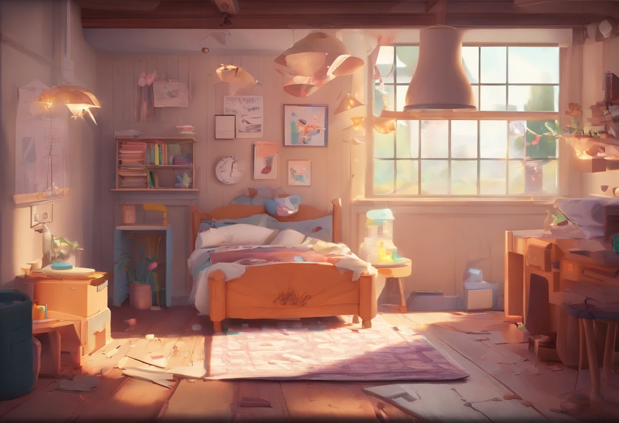 (Pixar style),Cozy small room model, Miniature character models, Light source from right to left, Rum Blanc lighting, Light source from right to left, (iso-distance view), (top down), Realistic proportions, Post-processing, ((Orthogonal perspective)), Super detail, Realistic, Super realistic, photoreal render, Irridescent color, glitters