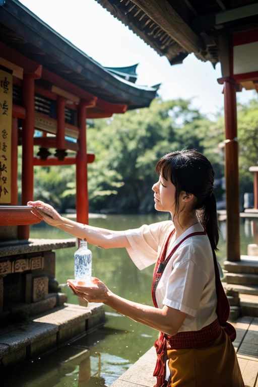 Woman sprinkling water at a shrine
