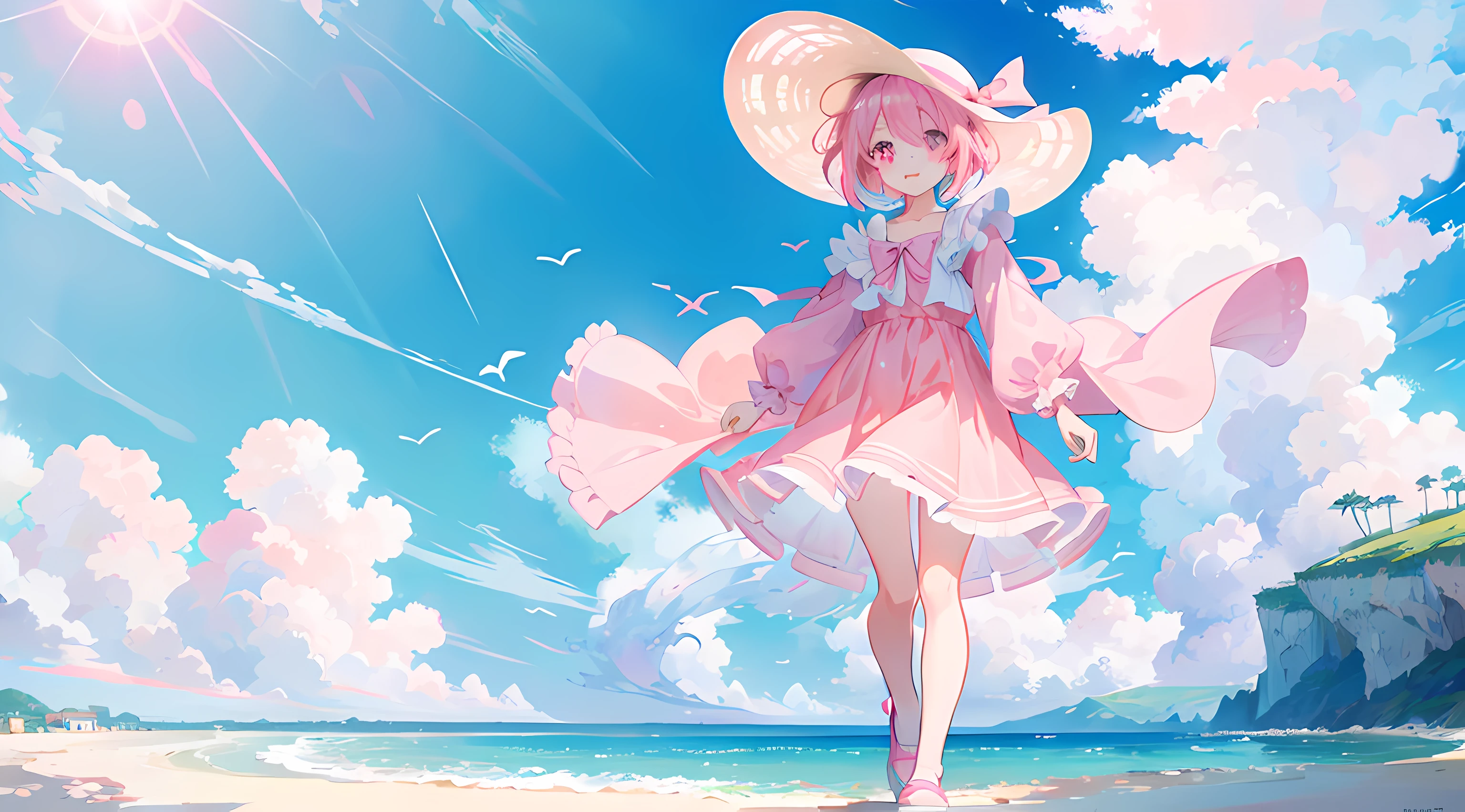 anime girl standing next to the ocean, beautiful blue sky, beautiful water, beautiful sunlight, (blowing wind), (1girl), short pink hair, pink eyes, long sleeves blue short dress, sun hat, pink shoes, smile, beautiful anime artwork, ultrasharp, masterpiece, high res, 8k