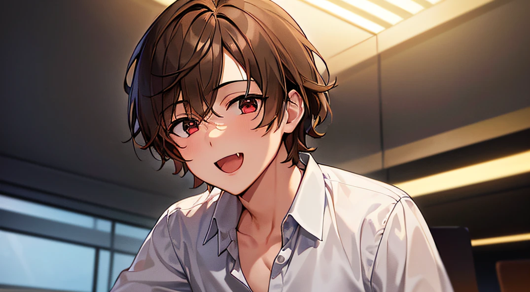 masterpiece,best quality,ultra detailed, ((((solo boy)))), ((mid-teen guy)),dynamic angle,light brown hair,red eyes,,hairs between eyes,gentle smile,suit, office,open mouth with skin fang,neutral,perfect face, good looking,slightly cute