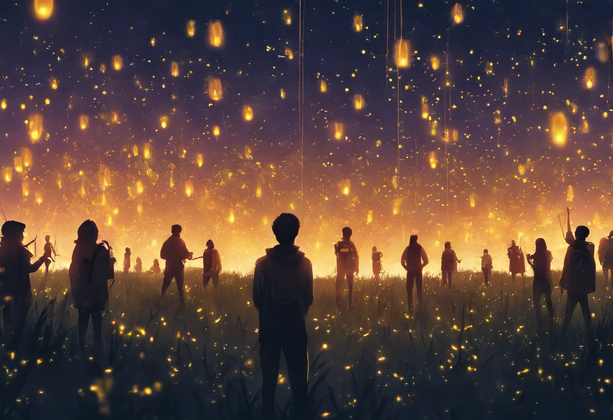 People made of fireflies, surrounded by fireflies.