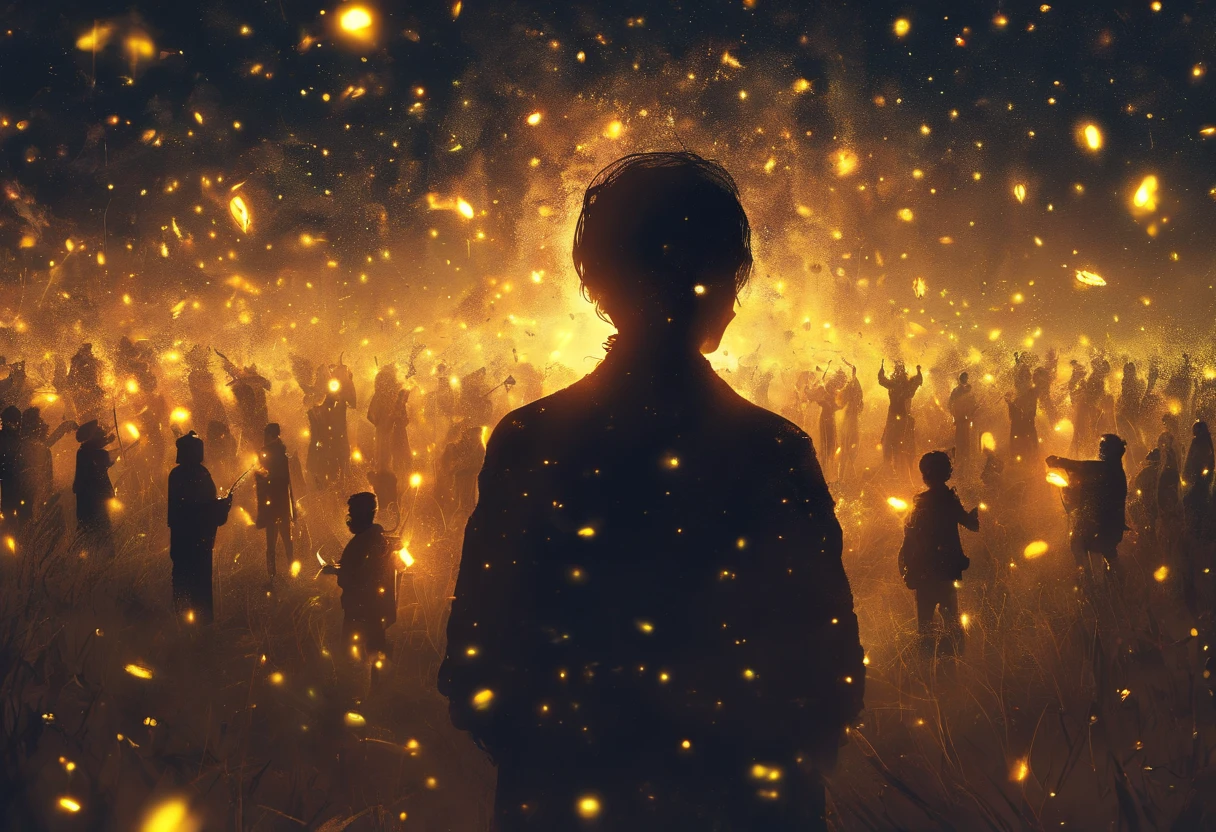 People made of fireflies, surrounded by fireflies.