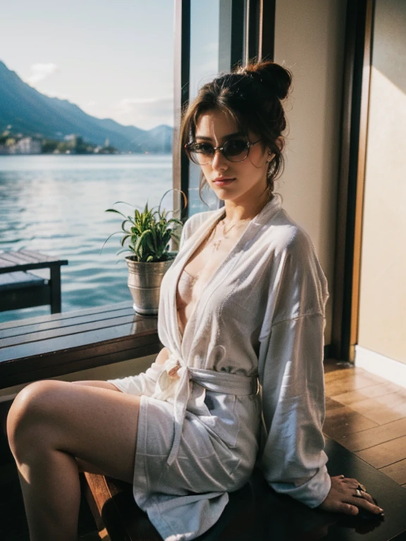 OUTDOOR, SPA di Sirmione sul Garda, stones floor, foggy day, smooth light, blurry lights, featuring Gaia Nobile (18 years, really tired face, skin imperfections1.33, blue eyes, brown hair in a bun, wearing sunglasses) and (((Anna (20 years, blonde, exhausted face))), they are conversing at a glass coffee table. Both don white robes, with a large stone tub filled with warm water behind them, emitting smoke into the not-so-beautiful, slightly dirty light of an autumn day towards sunset. The composition should be detailed, with incredible details, full-hd, and captured using a Kodak Proma 400 analog camera (ISO200 f1.4), hyper realistic, ((("SPA di Sirmione sul Garda" "Gaia Nobile" "18 years" "blue eyes" "brown hair" "bun" "sunglasses" "Anna Rizzo" "20 years" (((("blonde))))" "exhausted face" "glass coffee table" "white robes" "large stone tub" "warm water" "smoke rises" "not-so-beautiful light" "slightly dirty" "autumn day" "sunset" "detailed composition" "incredible details" "full-hd" "Kodak Proma 400 analog camera" "ISO200" "f1.4")
