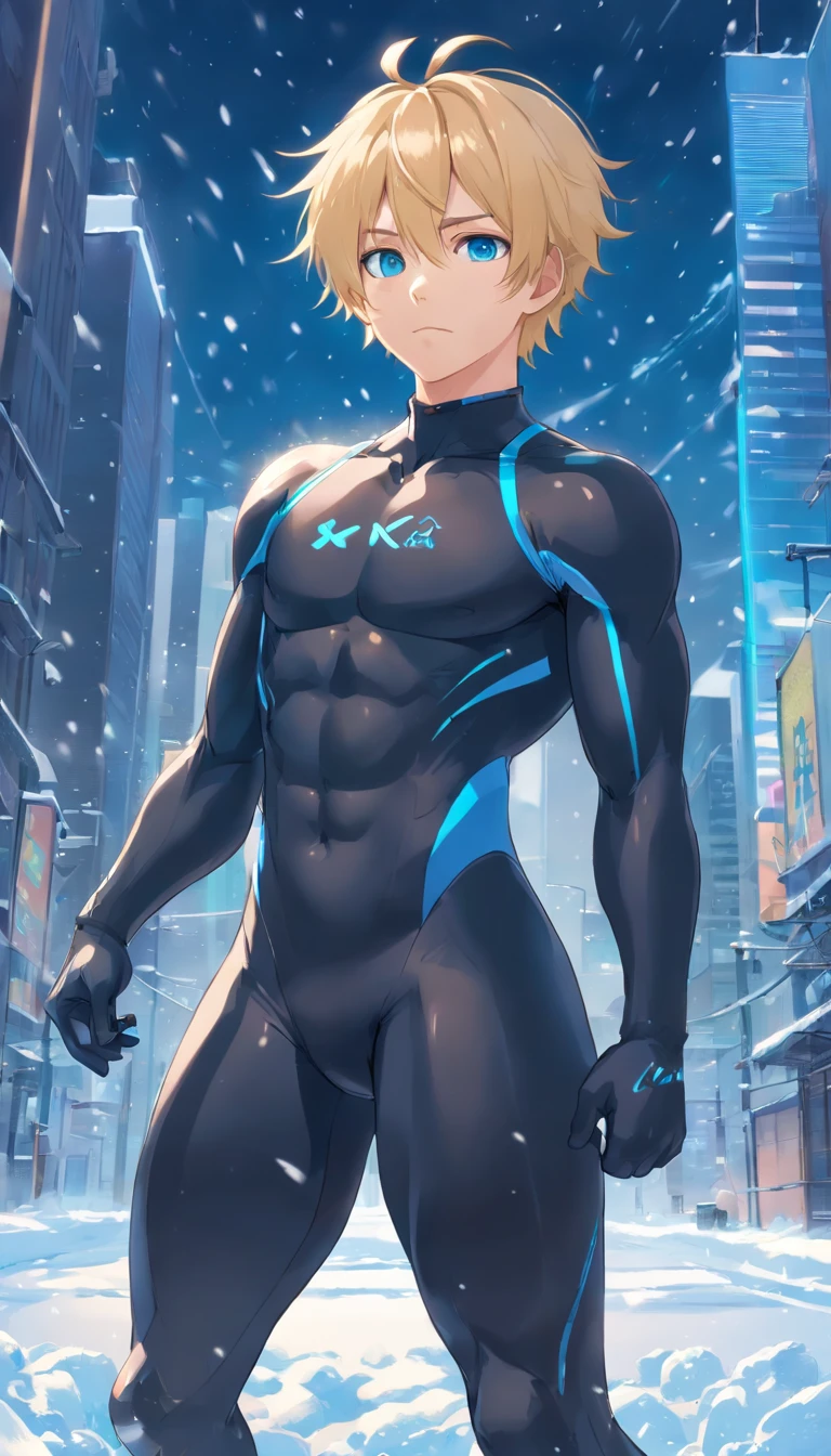 1 male human、a blond、Huge ass、black rubber suit、Blue eyes、Large, thick thighs、short-haired、wide hips、musculature、Snow blizzard、erectionpenis、Mokkori、Russian、Slouching