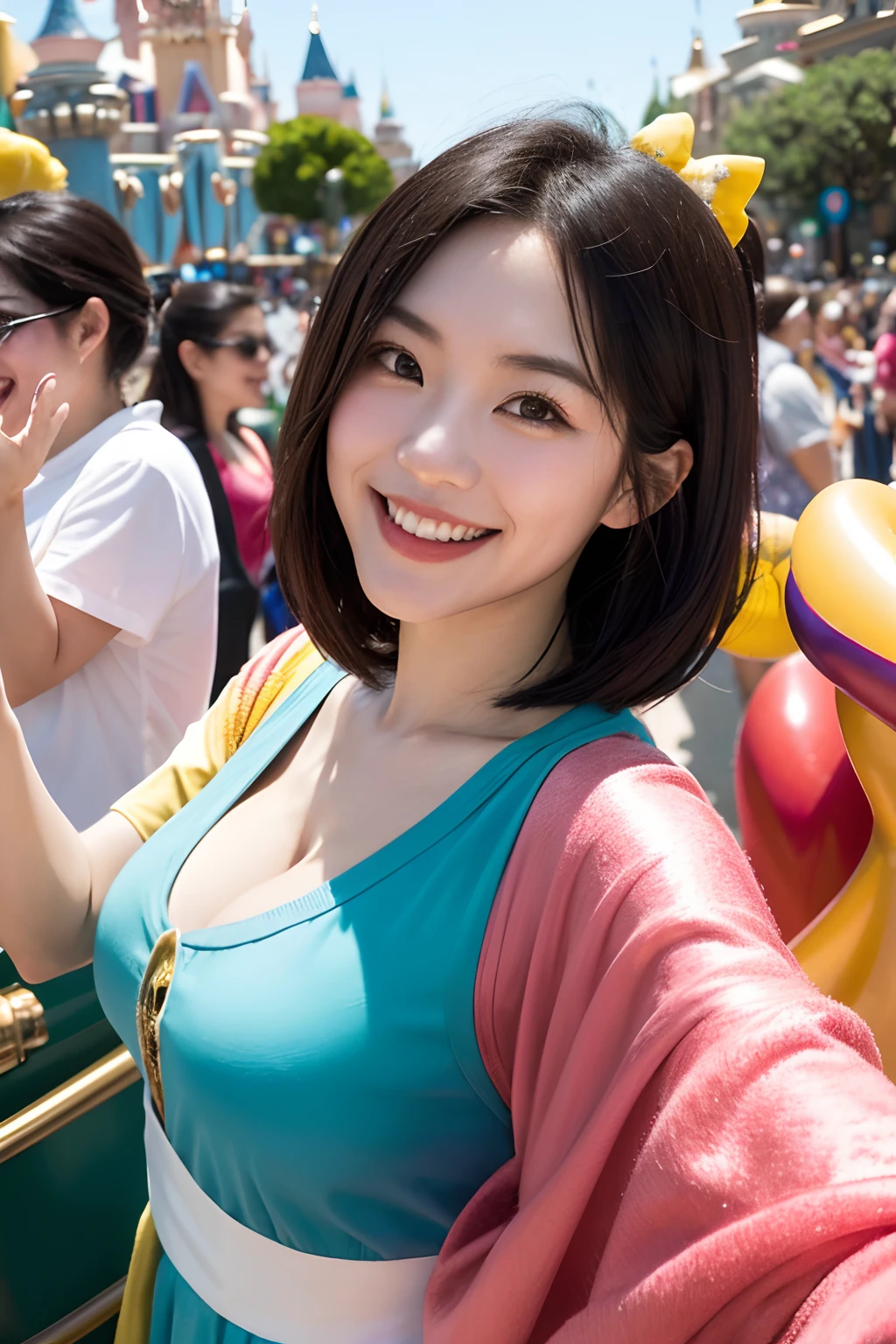 Generate a lively and celebratory art piece featuring a Japanese girl model with a chic bob hairstyle actively participating in a vibrant parade at Disneyland. Capture the excitement and joy in her expressions as she engages with the parade's festivities. Surround her with colorful floats, joyful characters, and the energetic atmosphere of the parade route. Highlight the dynamic movement and the sense of fun, emphasizing the enchanting and celebratory spirit of Disneyland. Create a composition that embodies the thrill and happiness of being a part of the magical parade experience in the theme park."