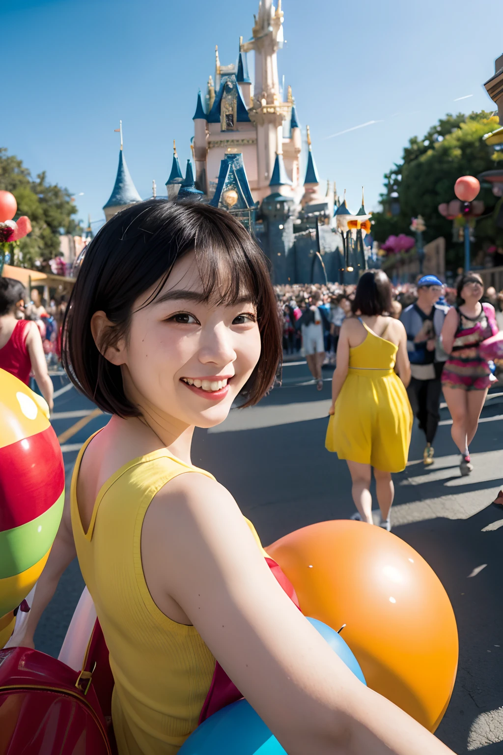 Generate a lively and celebratory art piece featuring a Japanese girl model with a chic bob hairstyle actively participating in a vibrant parade at Disneyland. Capture the excitement and joy in her expressions as she engages with the parade's festivities. Surround her with colorful floats, joyful characters, and the energetic atmosphere of the parade route. Highlight the dynamic movement and the sense of fun, emphasizing the enchanting and celebratory spirit of Disneyland. Create a composition that embodies the thrill and happiness of being a part of the magical parade experience in the theme park."