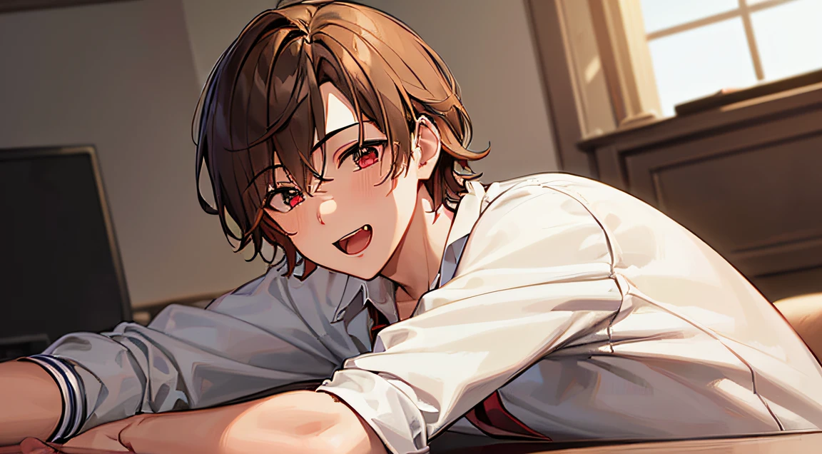 masterpiece,best quality,ultra detailed, ((((solo boy)))), ((-teey)),dynamic angle,light brown hair,red eyes,,hairs between eyes,gentle smile,suit, office,open mouth with skin fang,neutral,perfect face, good looking,slightly cute