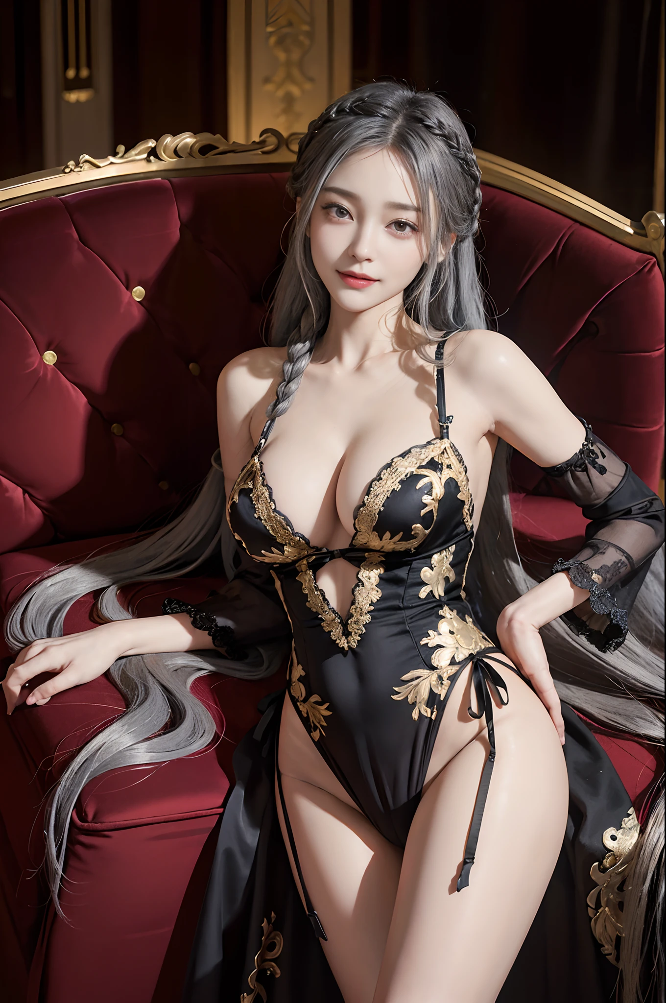(Front Focus),Surrealist portraits of women by David Hockney and Alphonse Mucha,((arms crossed over the head))、((Red Royal Bed)),Luxury beds、Fantasyart,(((A smile)))、((long braided gray hair))、((Gray hair braided hair))、(( Black and gold sexy babydoll lingerie))、Baby doll lingerie with less fabric、Sheer Babydoll Lingerie、photographrealistic,动态照明,art stations,poster for,Volumetriclighting,extra detailed face,4 k'',((Colossal tits))、Beautifully embroidered、Award-winning sexy black and gold babydoll lingerie,With diamonds,Sexy thighs,Sexy babydoll lingerie with black and gold luxury jewelry、decorated with fine embroidery,,exposing the abdomen ,Chest 1 Girl, In the Dark, deepshadow, low tune, Cowboy Shot,(official clothing:1.4), The eyes are confused and seductive,legs separated