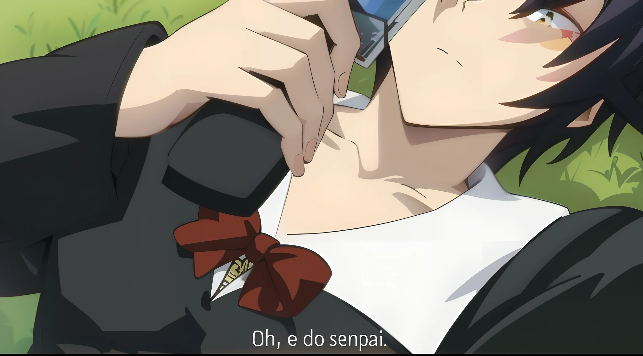 cara de anime falando em um celular com uma gravata borboleta, FLCL + Golgo 13 :10, cuta anime, Otaku Gangasta, ( ( ( Yoh Yoshinari ) ) ), gendo ikari smoking a joint, detalhes finos. anime. Peles, Yaoi, cena de anime, em um anime, screencap anime, ( Evangelion )
