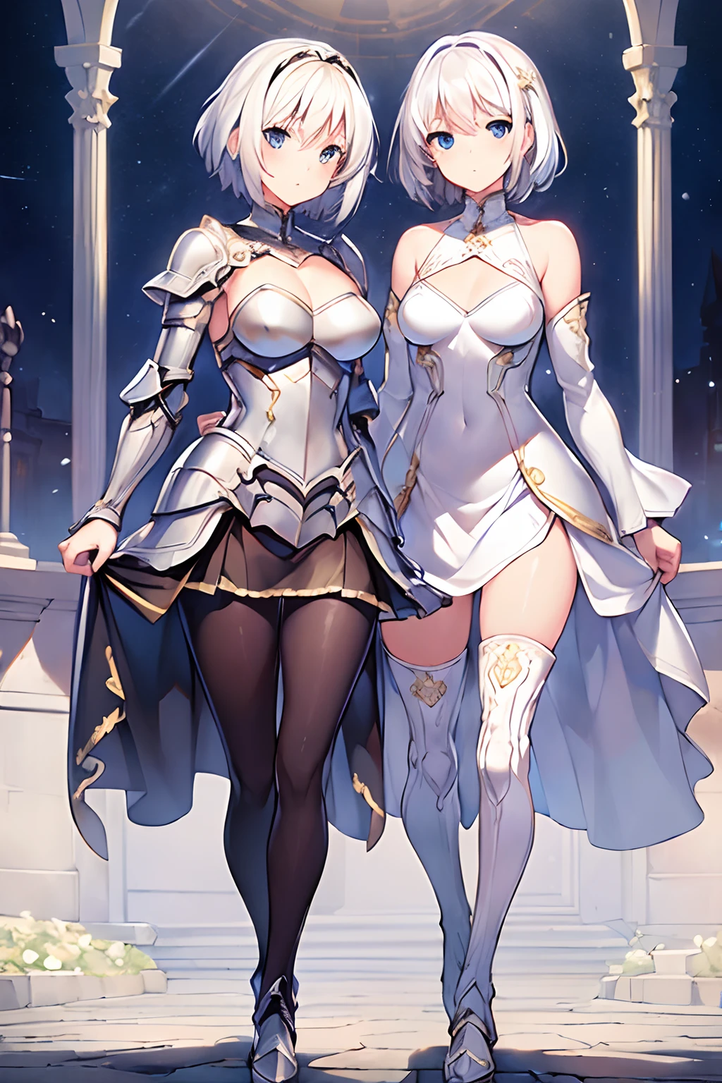 (((masterpiece))), (((best quality))), ((ultra-detailed)), (cinematic lighting), (illustration), (beautiful detailed eyes), (2girls), full body, space, knight, armour, light hair, skirt, walking, ruins, (masterpiece, 2girls A and B), best quality, expressive eyes, perfect face, Girl A: (blonde hair, long hair, wearing skirt, black pantyhose, white and gold armour), Girl B: (white hair, short hair, jumpsuit, silver armour),
