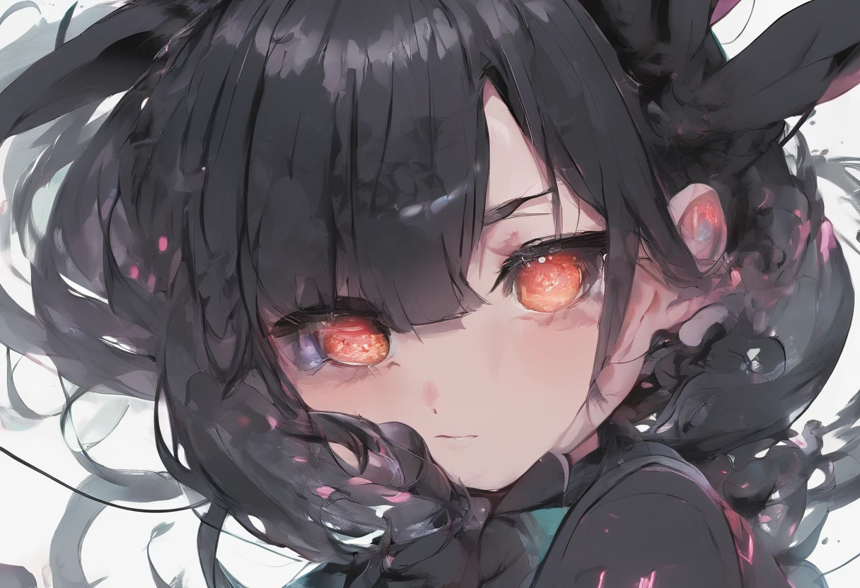 black hair, hair bobbles, wince, longeyelashes, solid circle eyes, fake animal ears, light smile, ear blush, fang, Surrealism, anaglyph, stereogram, pov, atmospheric perspective, super detail