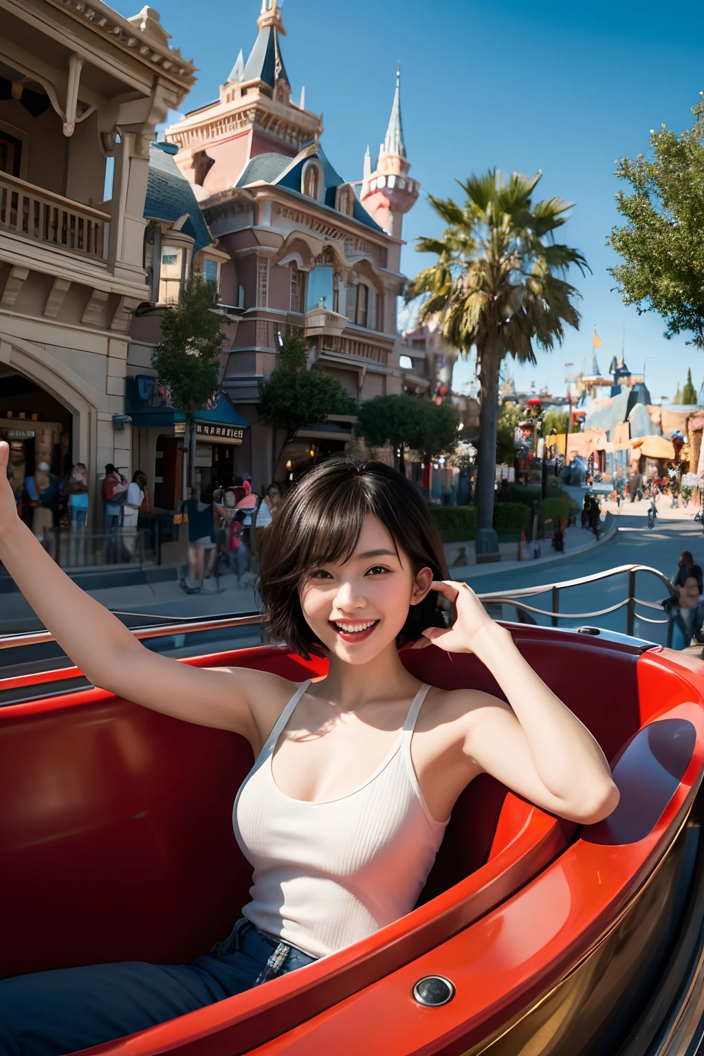 (Best quality, 8k, 32k, Masterpiece, UHD:1.2), Photo of Pretty Japanese woman, medium size breasts, bob hairstyle, short Black Hair, sexy body, JAV, dramatic lighting, "Generate an exhilarating and dynamic art piece featuring a Japanese girl model with a chic bob hairstyle, experiencing the thrill of riding a roller-coaster at Disneyland. Capture the excitement in her expressions and body language as she navigates the twists and turns of the ride. Infuse the scene with the vibrant colors and iconic elements of the theme park, emphasizing the sense of joy and adventure. Showcase the dynamic movement of the roller-coaster, creating a visually captivating composition that conveys the sheer fun and exhilaration of a day at Disneyland."