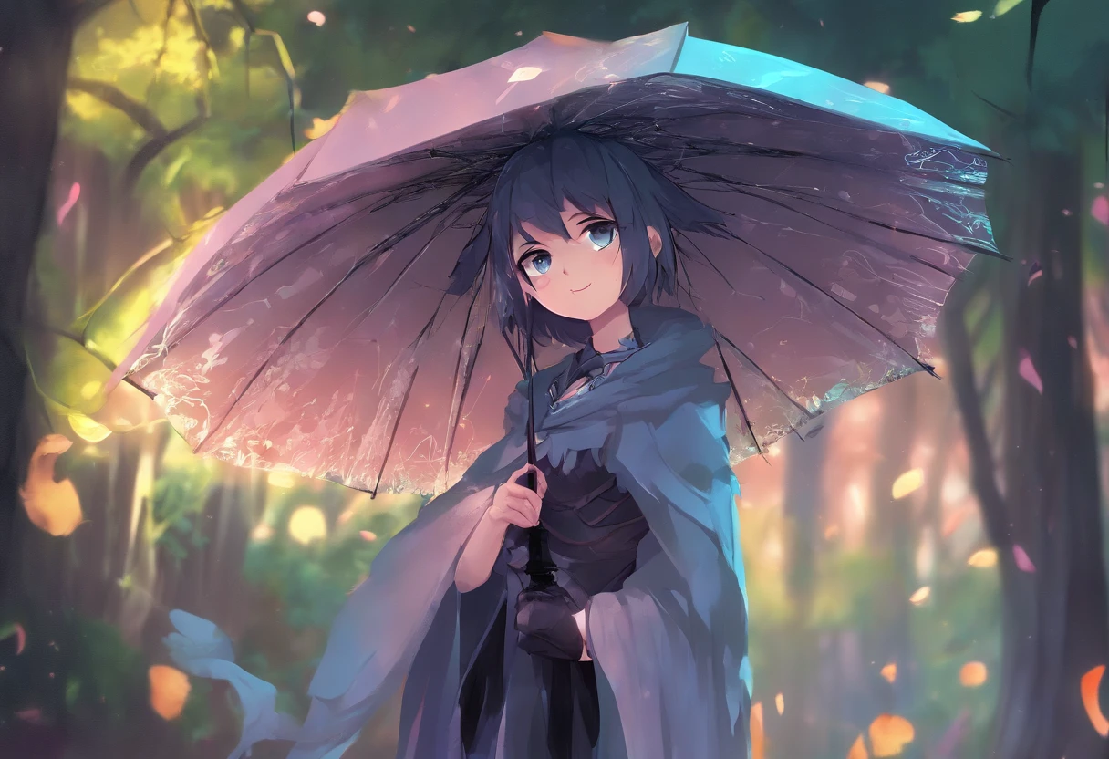 oil-paper umbrella,Masterpiece, Best quality, Marianne_timeskip, Blue dress, cloaks, Dark alpine forest, standing, Night, Looking up, Upper body, Detailed face official art、Top quality ultra-detailed CG art、barechested:1.2)、A super handsome anthropomorphic oil-paper umbrella in Pixar style,, Detailed lights, Sharp eyes, musculature, Surreal, Super fine, Luxurious,, black hair, hair bobbles, wince, longeyelashes, solid circle eyes, fake animal ears, light smile, ear blush, fang, Surrealism, anaglyph, stereogram, pov, atmospheric perspective, super detail
