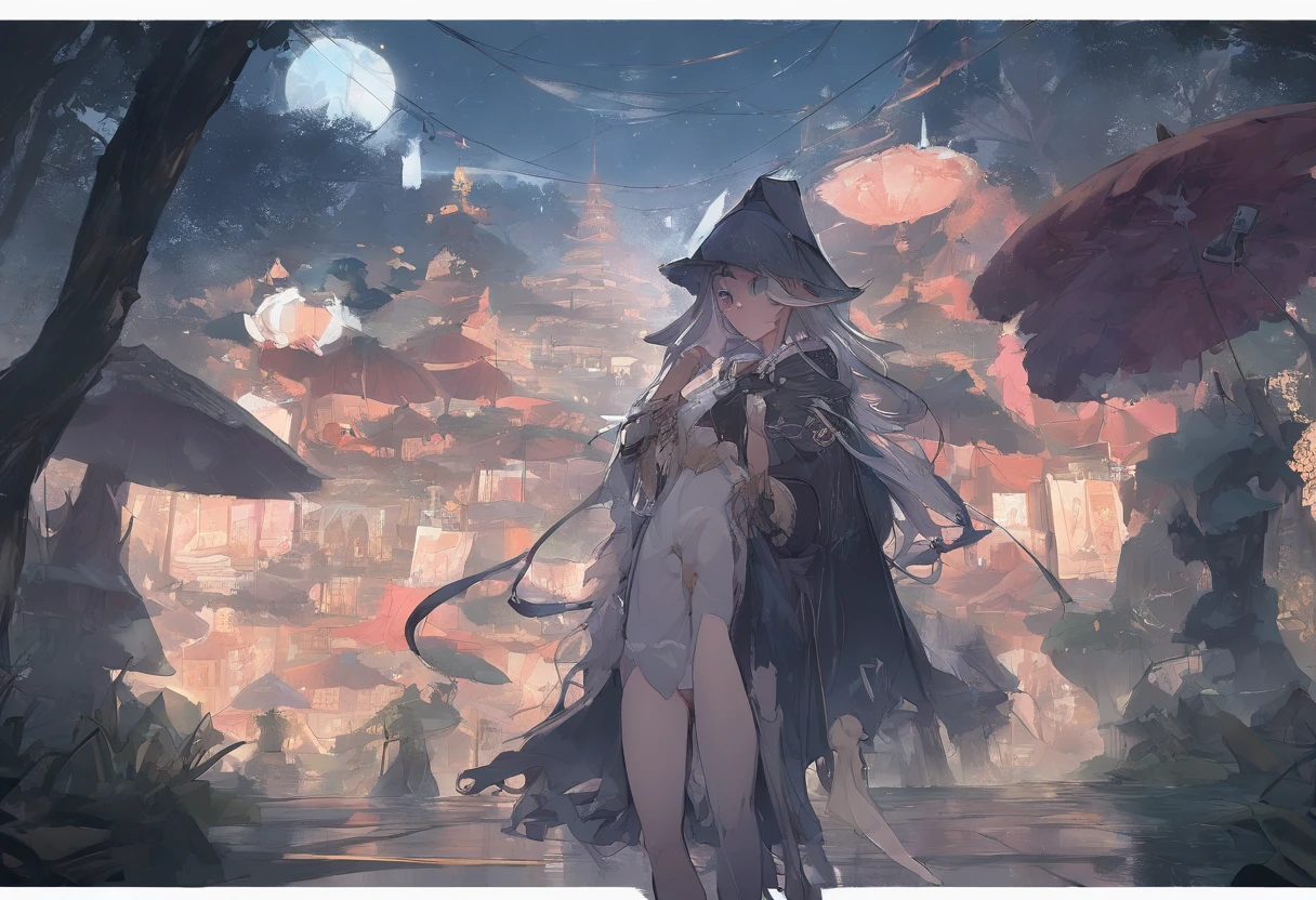 oil-paper umbrella,Masterpiece, Best quality, Marianne_timeskip, Blue dress, cloaks, Dark alpine forest, standing, Night, Looking up, Upper body, Detailed face official art、Top quality ultra-detailed CG art、barechested:1.2)、A super handsome anthropomorphic oil-paper umbrella in Pixar style,, Detailed lights, Sharp eyes, musculature, Surreal, Super fine, Luxurious,, black hair, hair bobbles, wince, longeyelashes, solid circle eyes, fake animal ears, light smile, ear blush, fang, Surrealism, anaglyph, stereogram, pov, atmospheric perspective, super detail