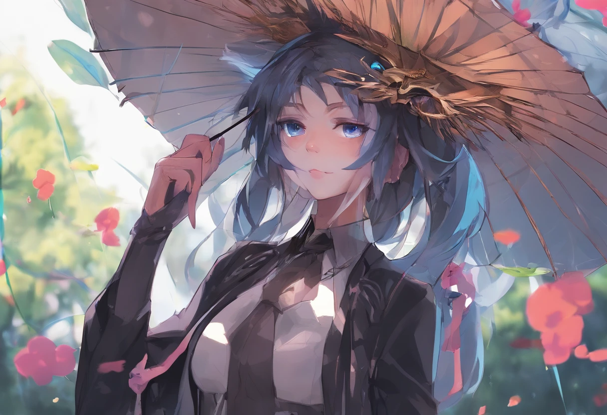 oil-paper umbrella，Masterpiece, Best quality, Marianne_timeskip, Blue dress, cloaks, Dark alpine forest, standing, Night, Looking up, Upper body, Detailed face official art、Top quality ultra-detailed CG art、barechested：１.２）、A super handsome anthropomorphic oil-paper umbrella in Pixar style，, Detailed lights, Sharp eyes, musculature, Surreal, Super fine, Luxurious,, black hair, hair bobbles, wince, longeyelashes, solid circle eyes, fake animal ears, light smile, ear blush, fang, Surrealism, anaglyph, stereogram, pov, atmospheric perspective, super detail