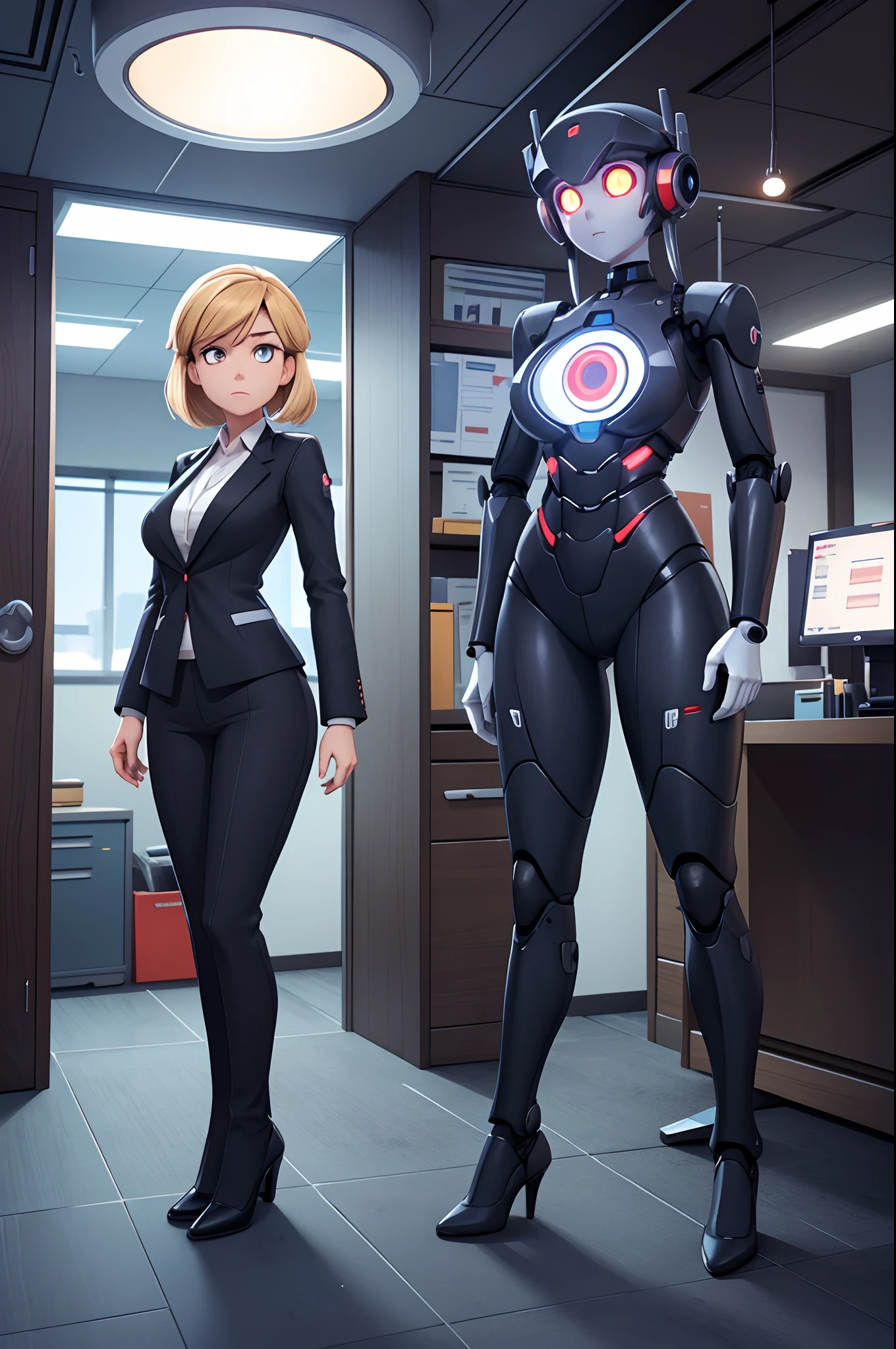 gynoid secretary, office, office lady, robot joints, glowing eyes, neutral expression, no emotion, emotionless, business suit, standing at attention