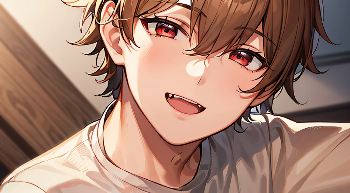 masterpiece,best quality,ultra detailed, ((((solo boy)))), ((mid-teen guy)),dynamic angle,light brown hair,red eyes,,hairs between eyes,gentle smile,suit, office,open mouth with skin fang,neutral,perfect face, good looking,slightly cute