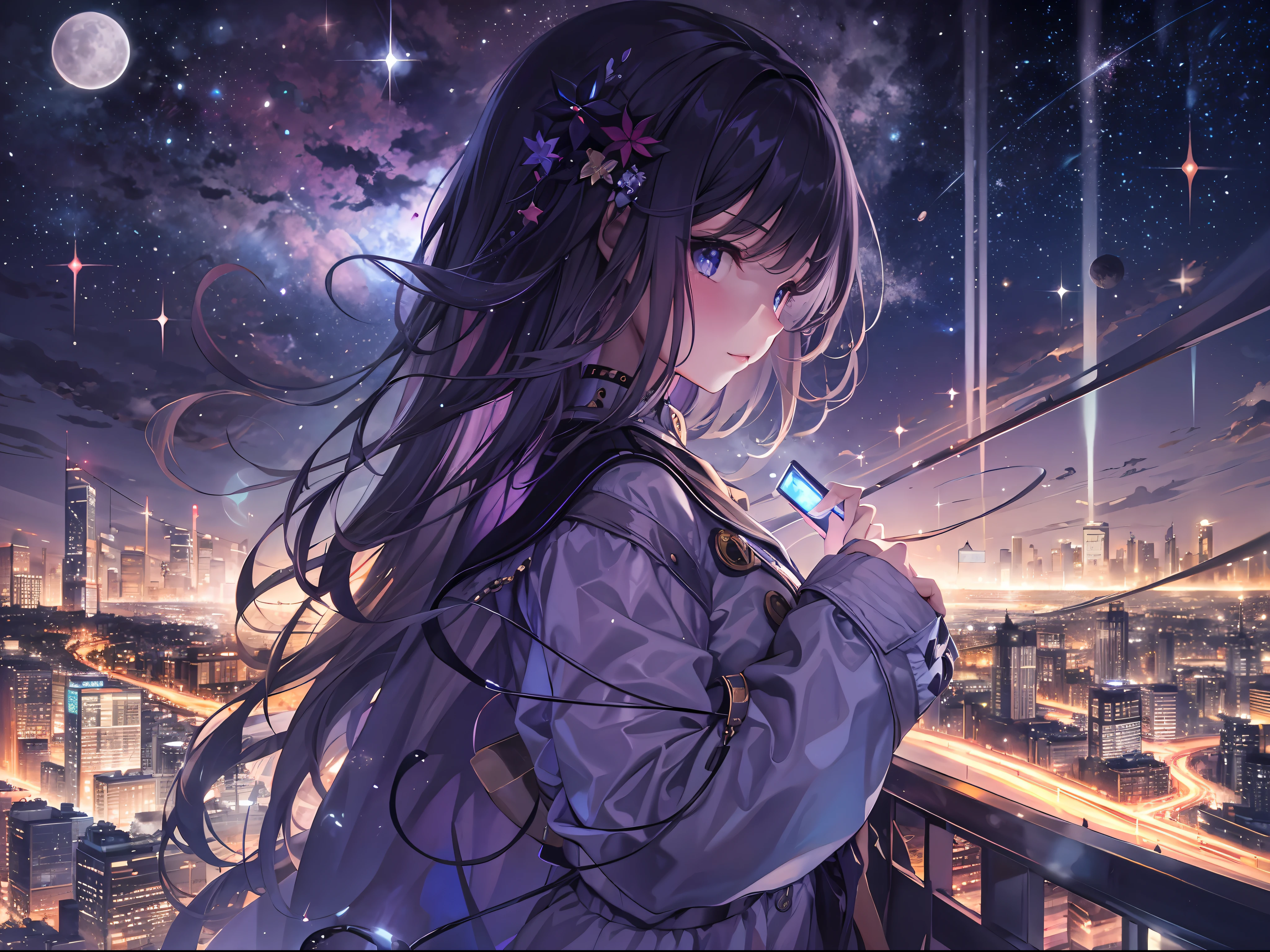 Fantastic cityscape, Beautiful girl standing、The Universe of the Night Sky