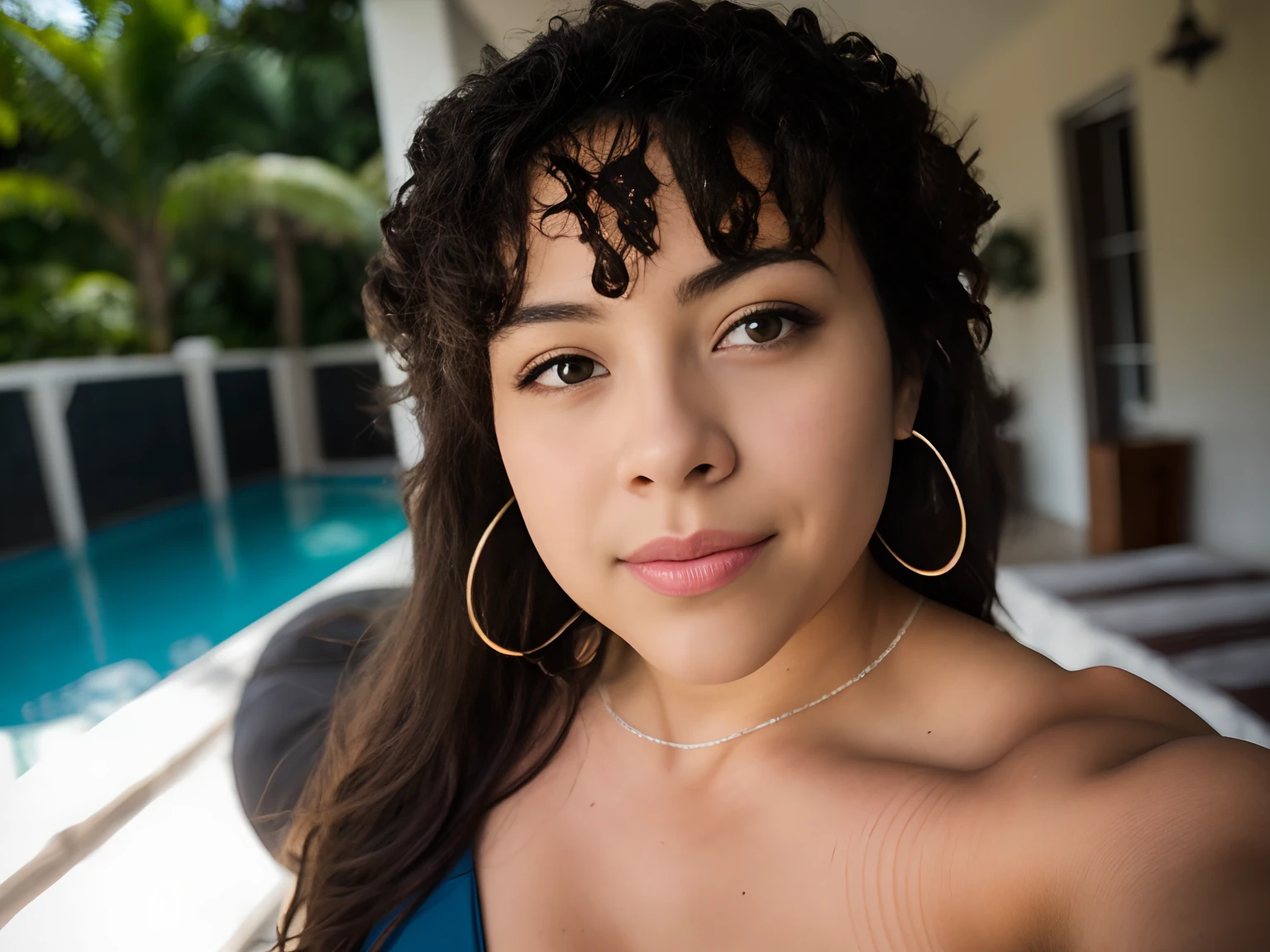 Foto RAW em sequencia, uma foto de uma adolescente 16anos, ((selfie toda parte do corpo, feliz)), molhada, piscina, rosto detalhado, planos de fundo detalhados pouco desfocados, luzes naturais, HDR, foto realista, foto profissional, flerte com o espectador, visual sexy, fotorrealista, Linda, pele natural, 8k UHD, alta qualidade, filmic grain, Fujifilm XT3