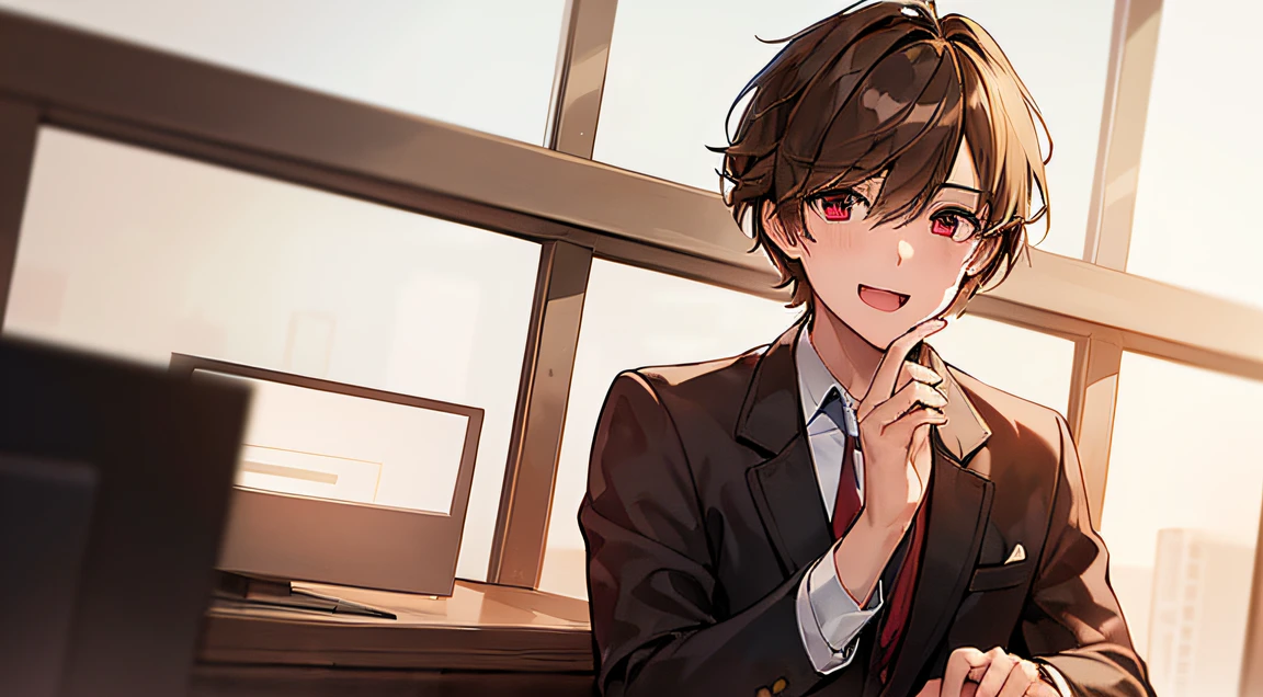 masterpiece,best quality,ultra detailed, ((((solo boy)))), ((mid-teen guy)),dynamic angle,light brown hair,red eyes,,hairs between eyes,gentle smile,suit, office,open mouth with skin fang,neutral,perfect face, good looking,slightly cute