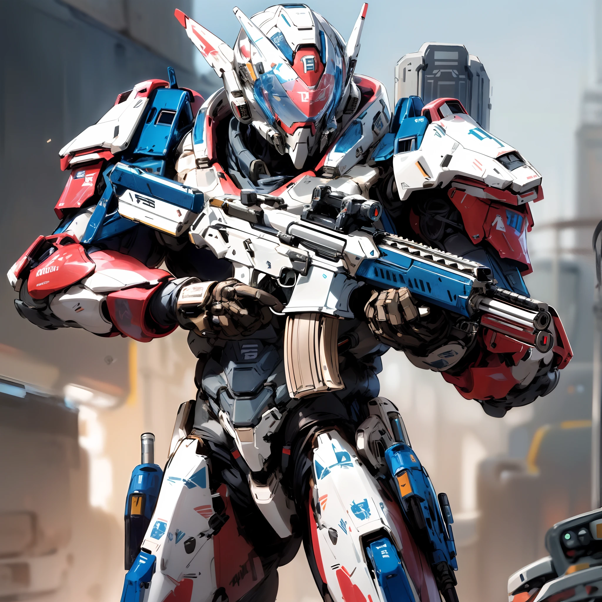 Close-up of a robot with a gun in his hand, sci-fi soldier, futuristic soldier, fps shooter game, clothed in sci-fi military armor, sci - fi armor, Sci-fi armor, Space armor, sci-fi skin, futuristic armor, sci - fi character, pulse rifle, Mobile Suit, dressed in tactical armor,delicated