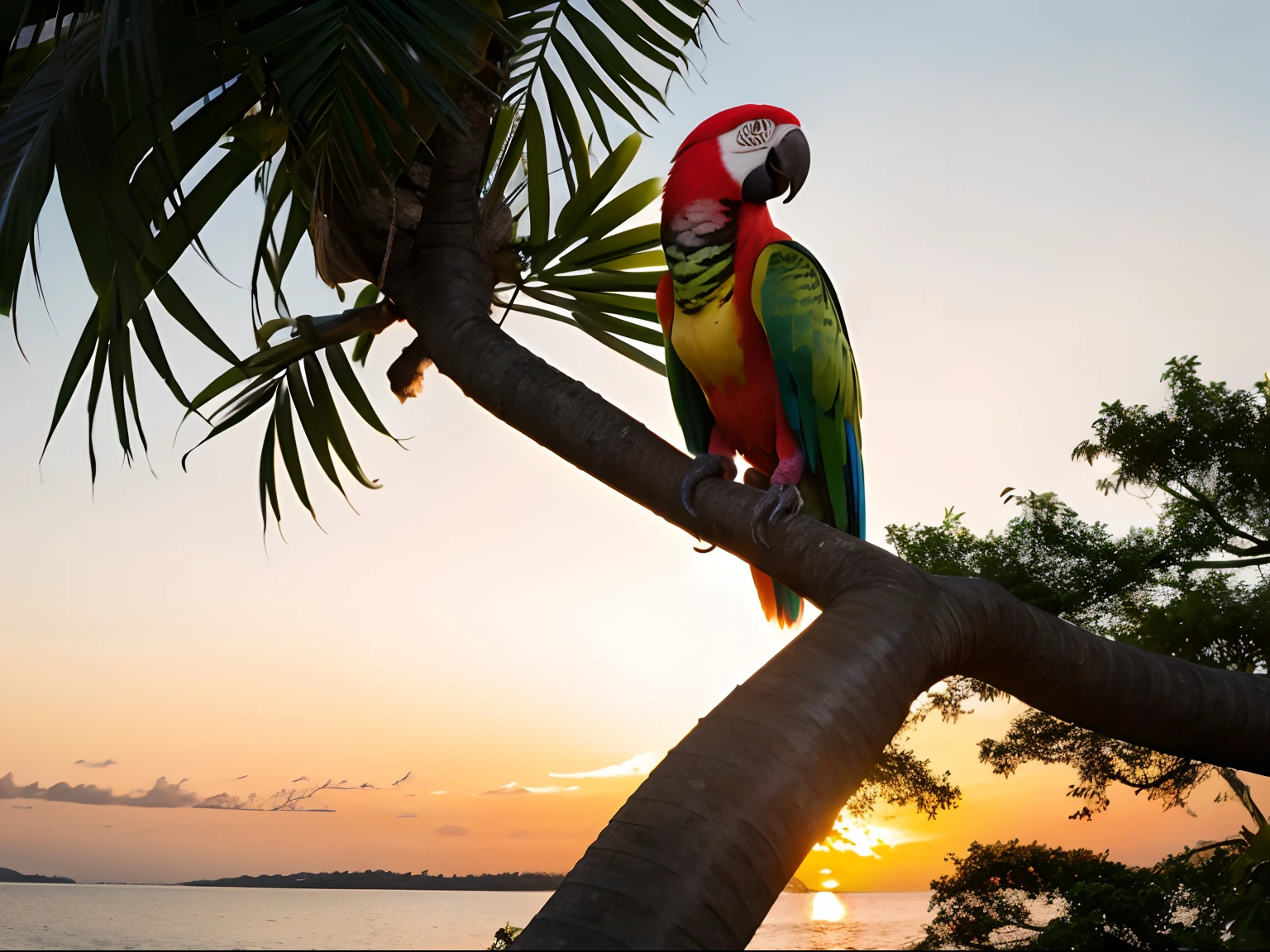 A vibrant parrot perched on a tropical tree with a sunset behind it
