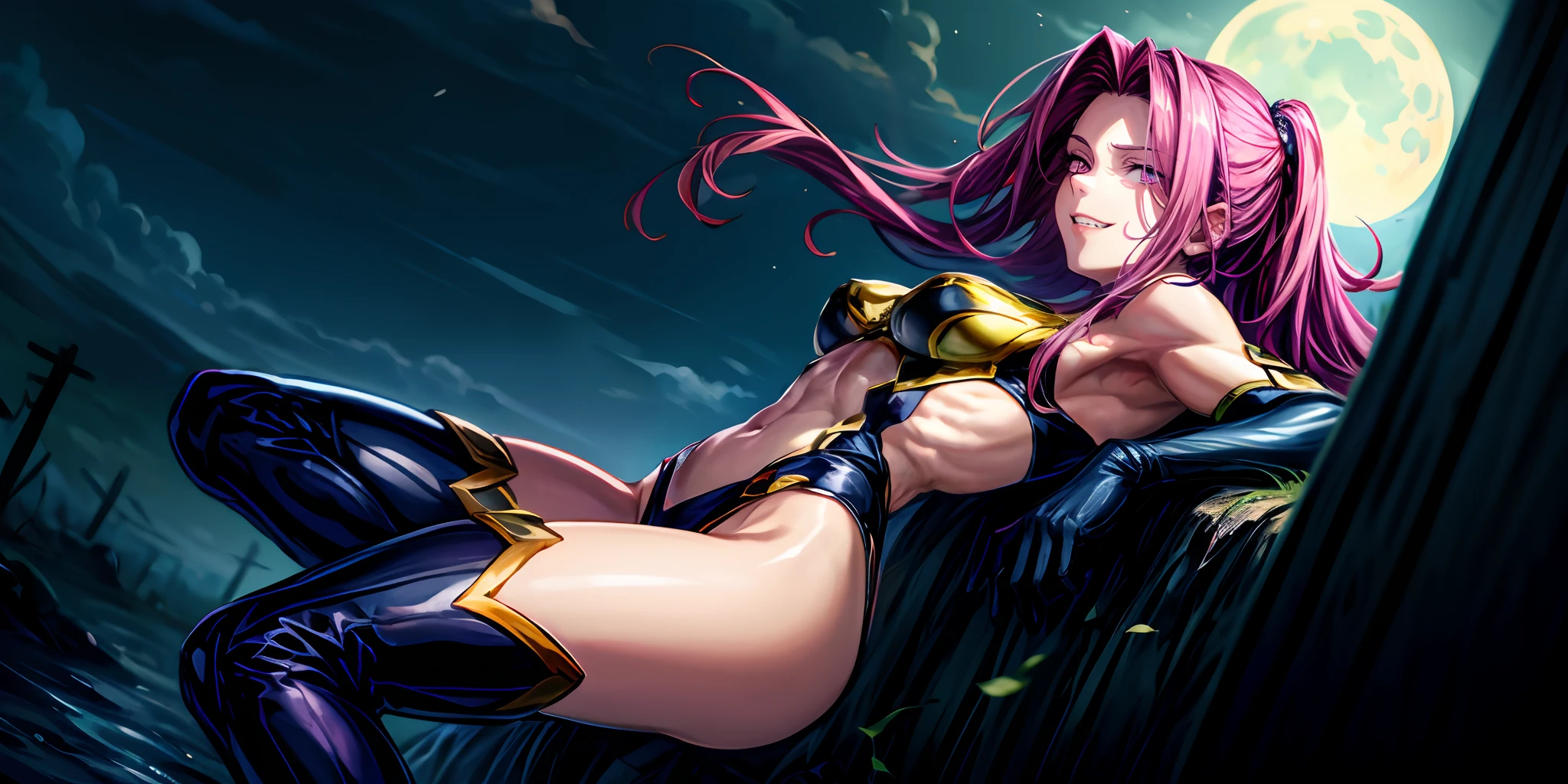 (shaded face:1.2), hollow eyes, purple eyes, looking at viewer, heavy breathing, smirk, uppert teeth, MedGorg, purple hair, long hair, breasts, 1girl, moon, thighhighs, solo, full_moon, night, abs, thigh_boots, gloves, boots, elbow_gloves, sky, cloud, night_sky, breasts, navel, looking_at_viewer, lying, toned, outdoors, muscular_female, medium_breasts, thighs, cloudy_sky, "Photorealistic, Hyperrealistic, Hyperdetailed, analog style, soft lighting, subsurface scattering, realistic, heavy shadow, masterpiece, best quality, ultra realistic, 8k, golden ratio, Intricate, High Detail, film photography, soft focus"