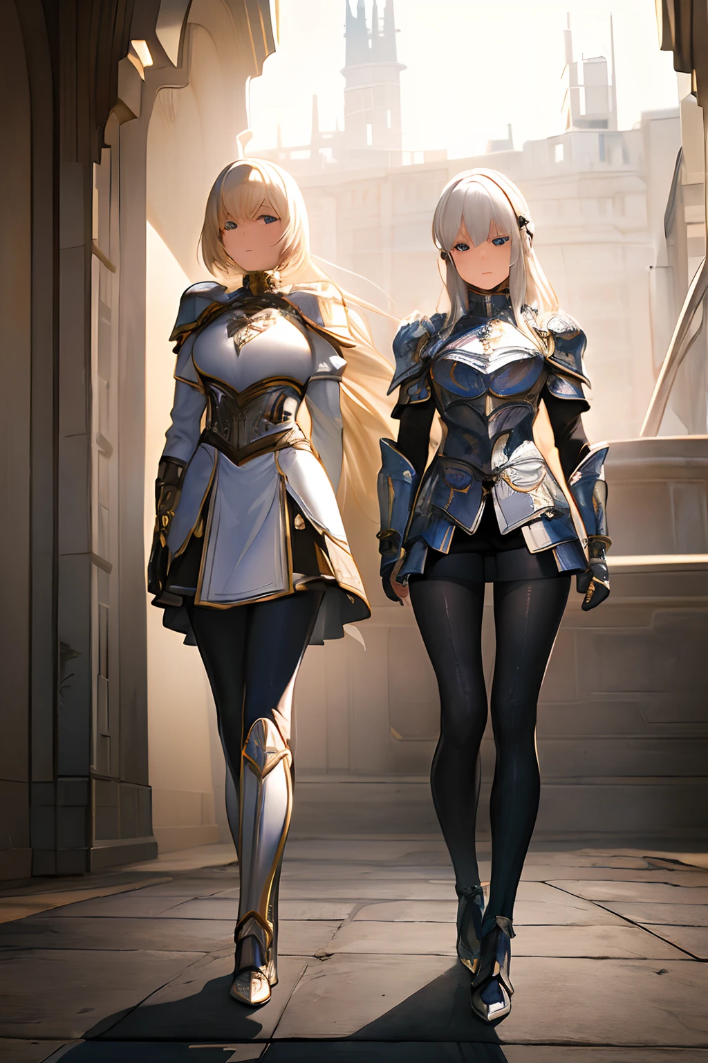 (((masterpiece))), (((best quality))), ((ultra-detailed)), (cinematic lighting), (illustration), (beautiful detailed eyes), (2girls), full body, space, knight, armour, light hair, skirt, walking, ruins, (masterpiece, 2girls A and B), best quality, expressive eyes, perfect face, Girl A: (blonde hair, long hair, wearing skirt, black pantyhose, white and gold armour), Girl B: (white hair, short hair, jumpsuit, silver armour),