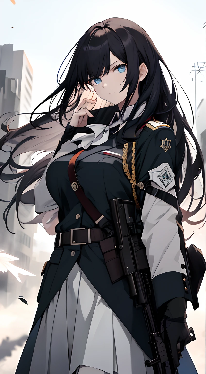 Full body、White one-piece military uniform、 Jet black head of hair,(masutepiece:1.2, Best Quality), (finely detailed beautiful eye: 1.2), (Detailed background,Dark Fantasy), (beautifull detailed face), High contrast, (Best Illumination, extremely delicate and beautiful), ((Cinematic Light)), Colorful, Hyper Detail, Dramatic light, Intricate details,Very blue eyes, long hair flowing with the wind、very Bigger breasts、Belt under the chest、White military uniform, White skirt, Long hair fluttering in the wind, jet-black hair, Blue eyes, Black tie, Serious look,  (Pale white background:1.3), gotik, Dress, AK-47, Kalashnikov_rifle, assault_rifle, Holding_gun, aiming_で_viewer, trigger_discipline, Finger_SUI_trigger, Military uniform, Military,Special Forces Uniform,