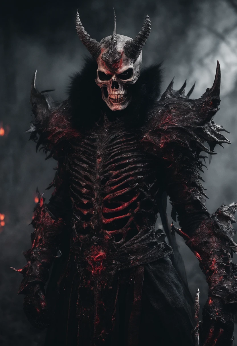 devil horns,Claws,battleaxe,Spooky environment,dentes pontiagudos,Berserker,full bodyesbian,Powerful aura,A strong sense of oppression,incredibly detailed,Red-eyed skeleton,The flames of hell are raging,Skeleton Legion,Ultra photo realsisim