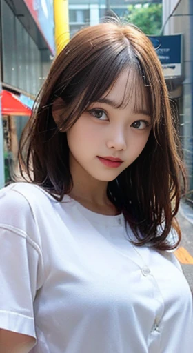 ((Best Quality, 8K, Masterpiece: 1.3)), Sharp: 1.2, Perfect Body Beauty: 1.4, Slim Abs: 1.2, ((Layered Hairstyle, Big Breasts: 1.2)), (Wet White Button Long Shirt: 1.1), (Rain, Street: 1.2), Wet: 1.5, Highly detailed face and skin texture, detailed eyes, double eyelids, side face looking at the camera