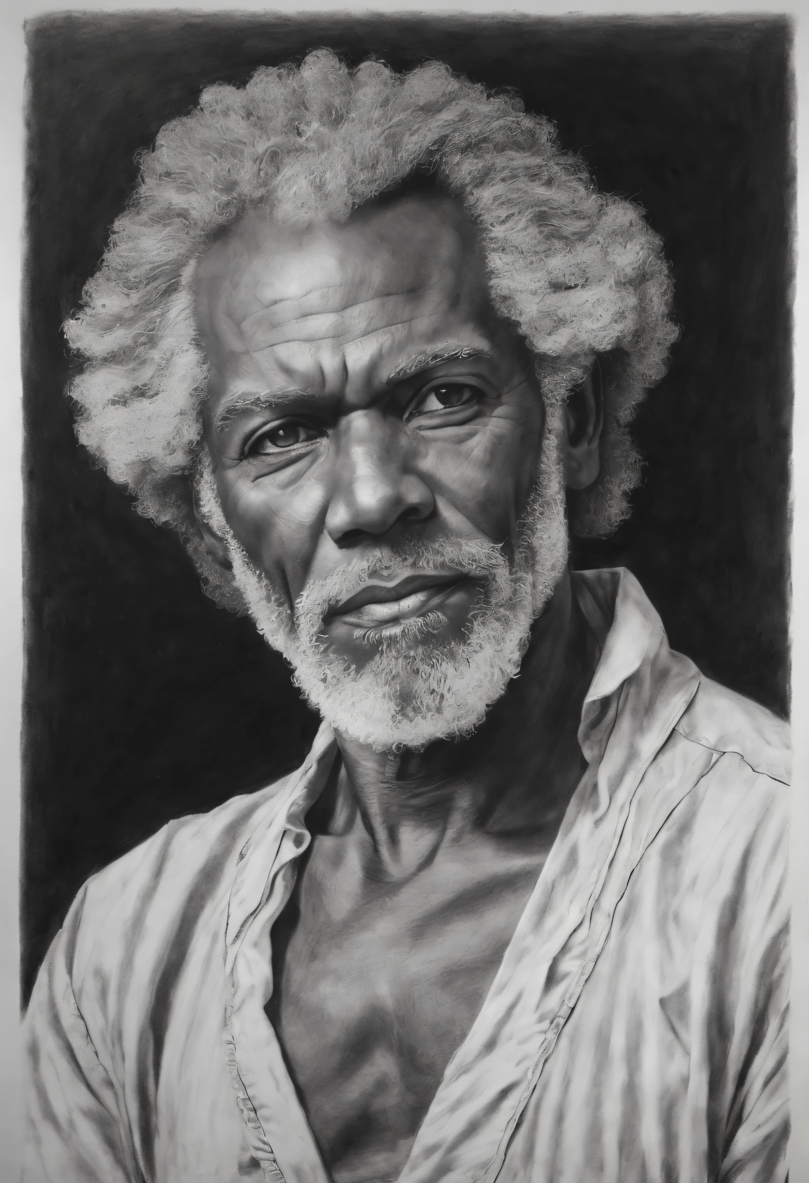 sketching,character sketch,Black and white painting,Sharpen, intaglio, closeup cleavage, Best quality, Ultra-detailed, Photorealistic 1.4, Super detailed skin, Natural hair color, (1 American man), 66 years old,(Solo),traditional garb