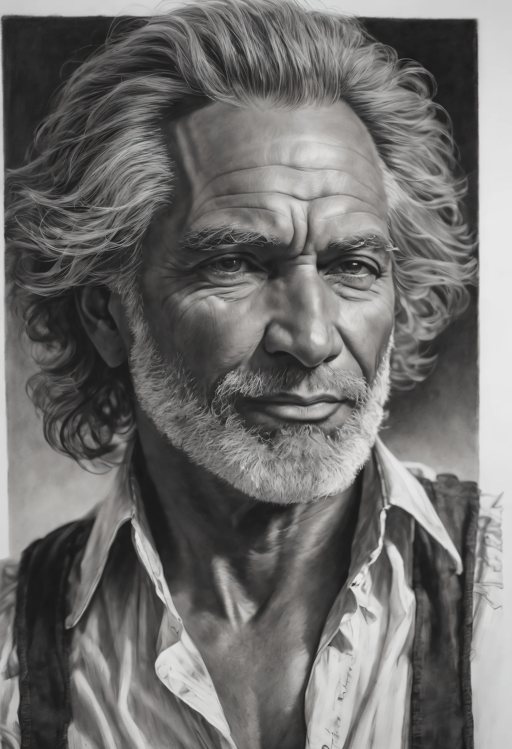 sketching,character sketch,Black and white painting,Sharpen, intaglio, closeup cleavage, Best quality, Ultra-detailed, Photorealistic 1.4, Super detailed skin, Natural hair color, (1 American man), 66 years old,(Solo),traditional garb