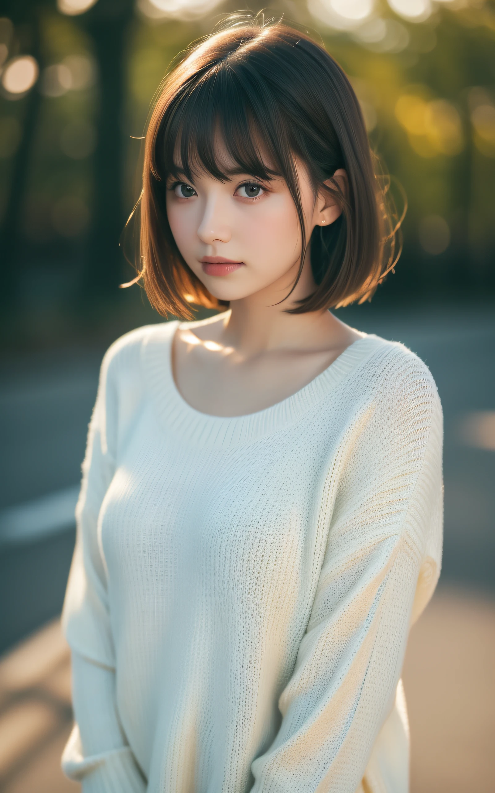 masterpiece, Best Quality, 8K, 20 yo, Large breast, cuddly, Solo, sad, Cute, Girly, Delicate girl, Neat and clean beauty, Raw photo, Professional Photography, Portrait, Soft light, Professional Lighting, Back lighting, Upper body, Looking away, Sophisticated, Film grain, (Eyes and faces with detailed:1.0), short length floating hair, beautiful flowing hair, bangs, sweater,