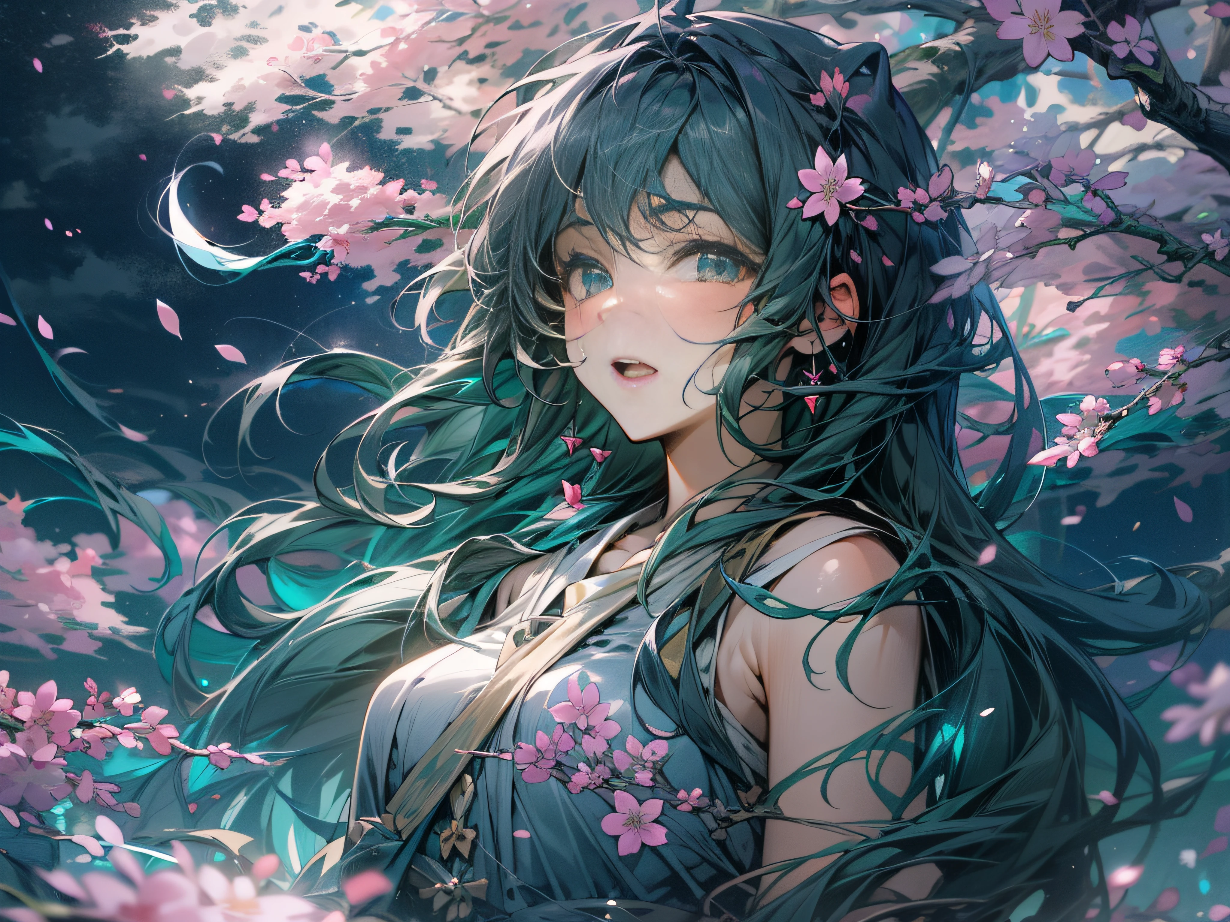 (masterpiece, best quality:1.3),(16k, highres:1.3),beautiful teenage girls,cinematic light,bioluminescence,1girl,dark background,starlight,big moon behind,moonlight,Sakura blizzard background,(Hanafubuki:1.1),(Background with scattered cherry blossoms:1.1),
purplehair,
twintailshair,
fromprofile,
looking at viewer,,Dignified eyes full of determination, dynamic pose,