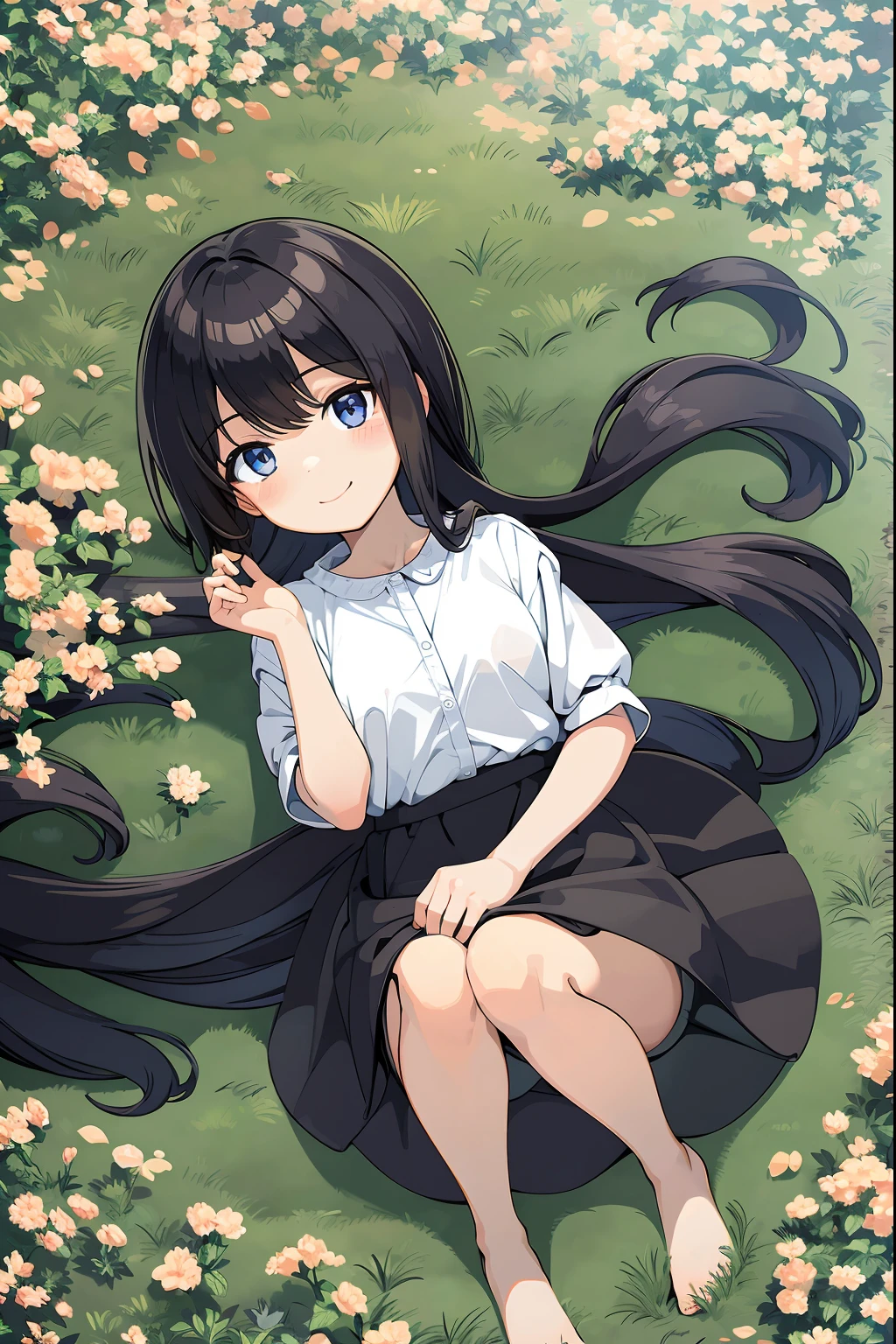 flower fiels, animw girl, black long hair, blue eyes, smile, white shirt, black skirt, barefoot, lying on the ground, top view