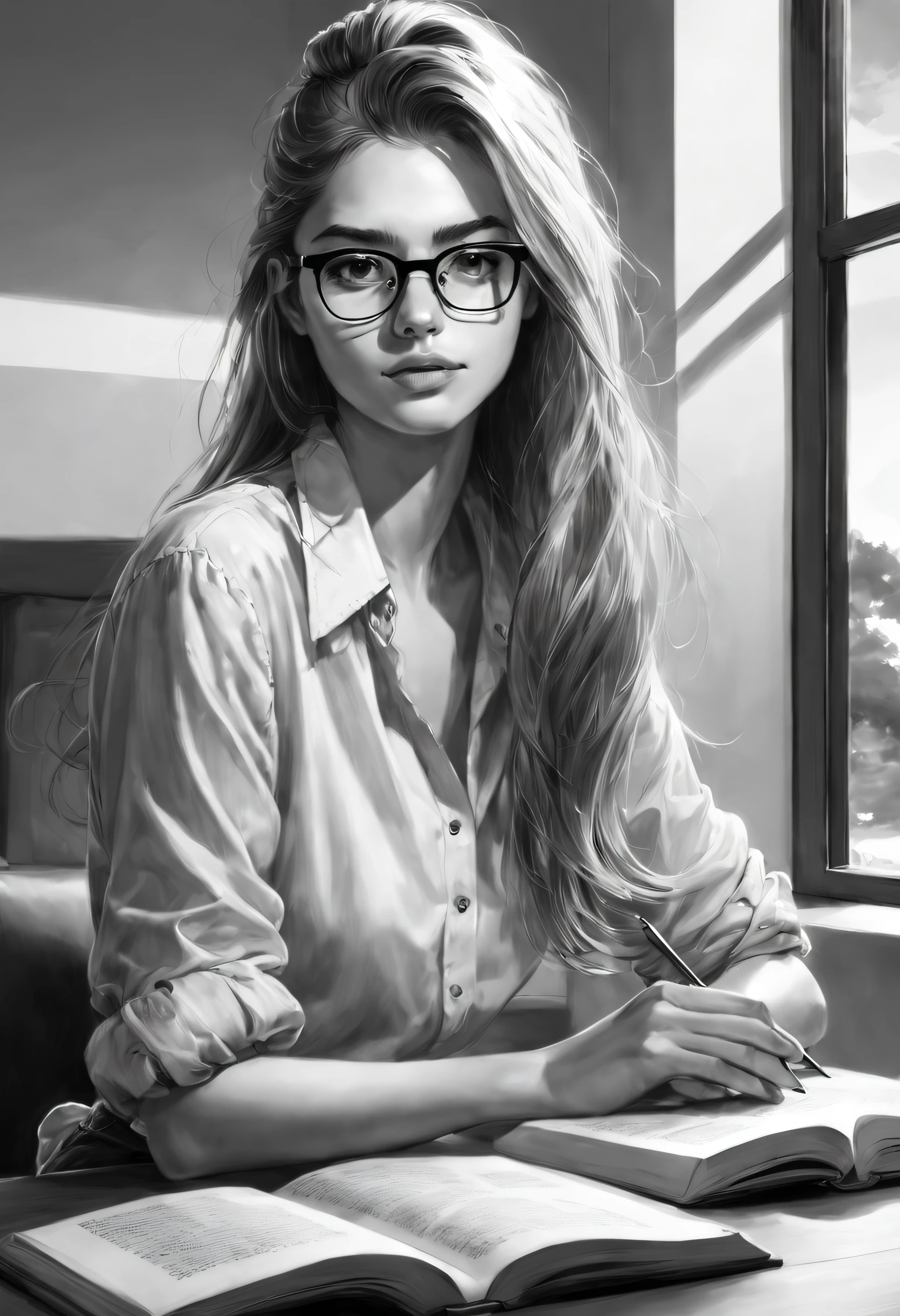 sketching,character sketch,Black and white painting,20 year old woman, long whitr hair, Short ponytail, thin frame glasses, Thinking face, (Wear an open button shirt, Medium breasts with), Sat down, Learn, BREAK BREAK BREAK, lying on the table, Take a pencil, opened book, book, glass of milk, table light, BREAK BREAK BREAK, in living room, Wall decoration, Mini library, glass window, wall clock, BREAK BREAK BREAK, realisticlying, tmasterpiece, Best quality at best,Highly detailed face,High detail eyes,